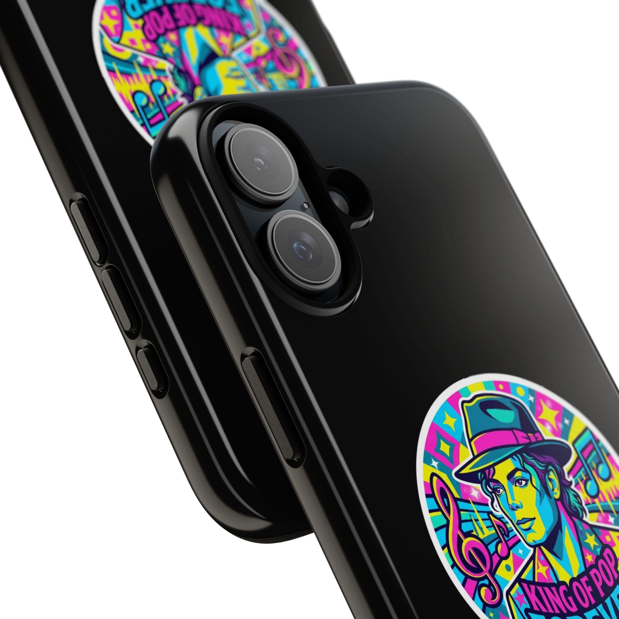 Matte Black iPhone Tough Cases 12 to 17 Pro Max  — "King of Pop Forever" Retro Pop Art Phone Case