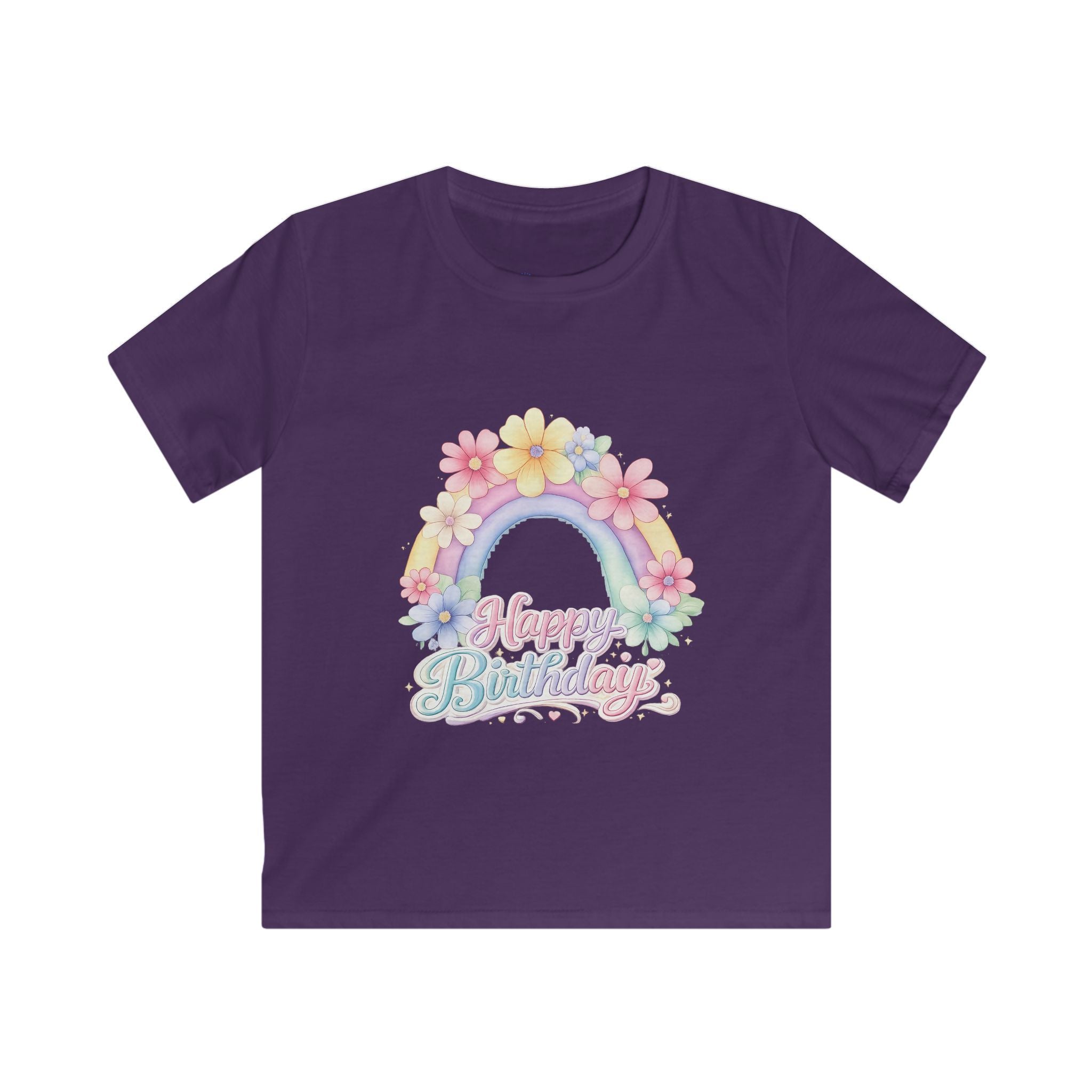 Kids Tee — Pastel Rainbow "Happy Birthday" Floral Design