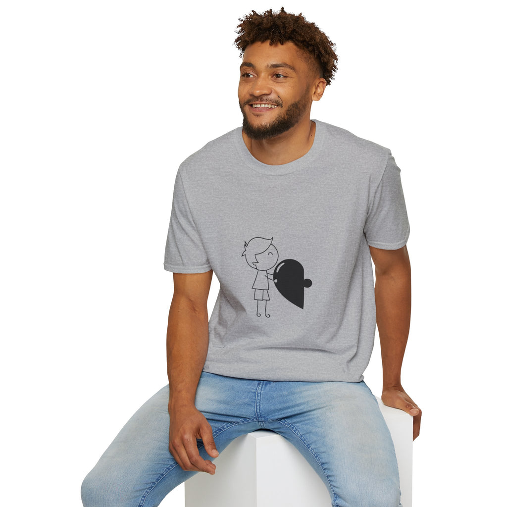 T-Shirt — Boy Hugging Heart Ghost Cute Minimalist Graphic Tee