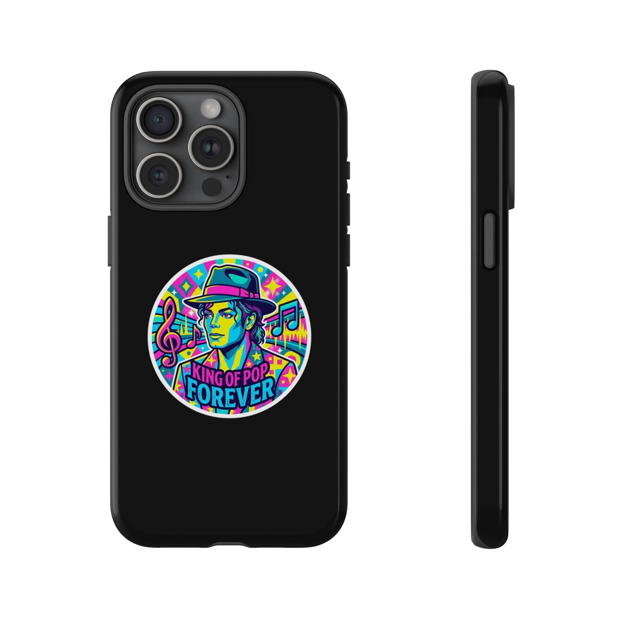 Matte Black iPhone Tough Cases 12 to 17 Pro Max  — "King of Pop Forever" Retro Pop Art Phone Case.