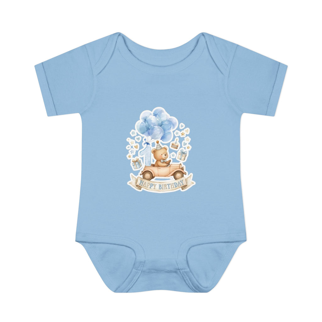 Baby Bodysuit - Blue Teddy Bear with Balloons "Happy Birthday" Infant Onesie