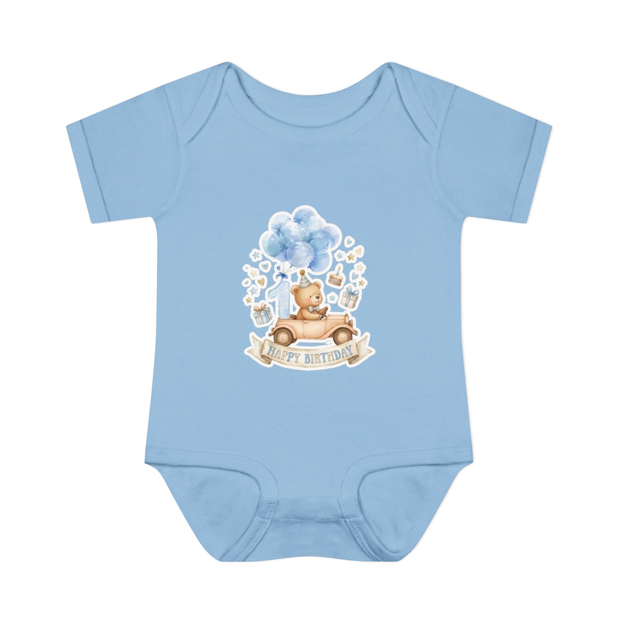 Baby Bodysuit - Blue Teddy Bear with Balloons "Happy Birthday" Infant Onesie