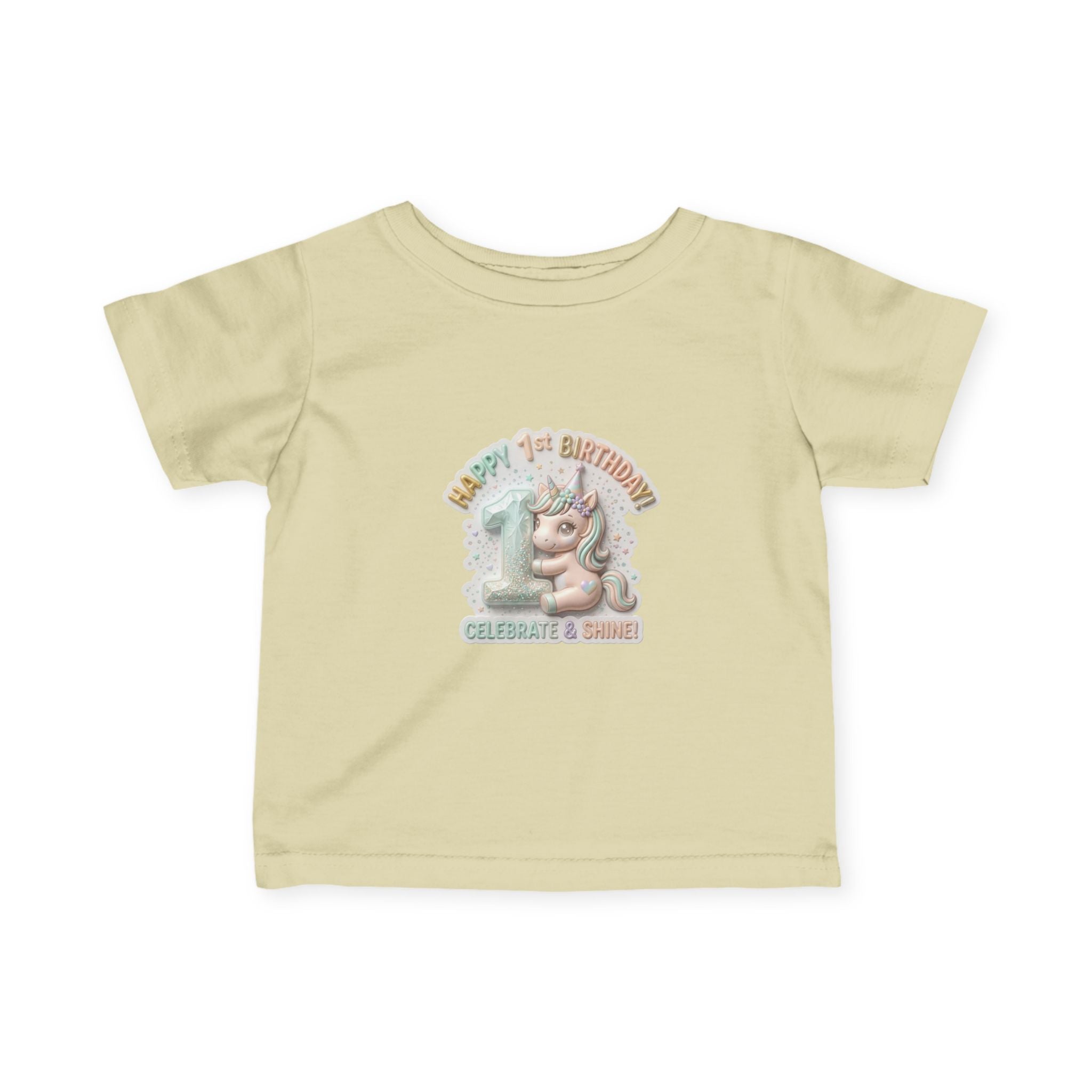 Infant Tee — 'Happy 1st Birthday' Pastel Unicorn Celebrate & Share
