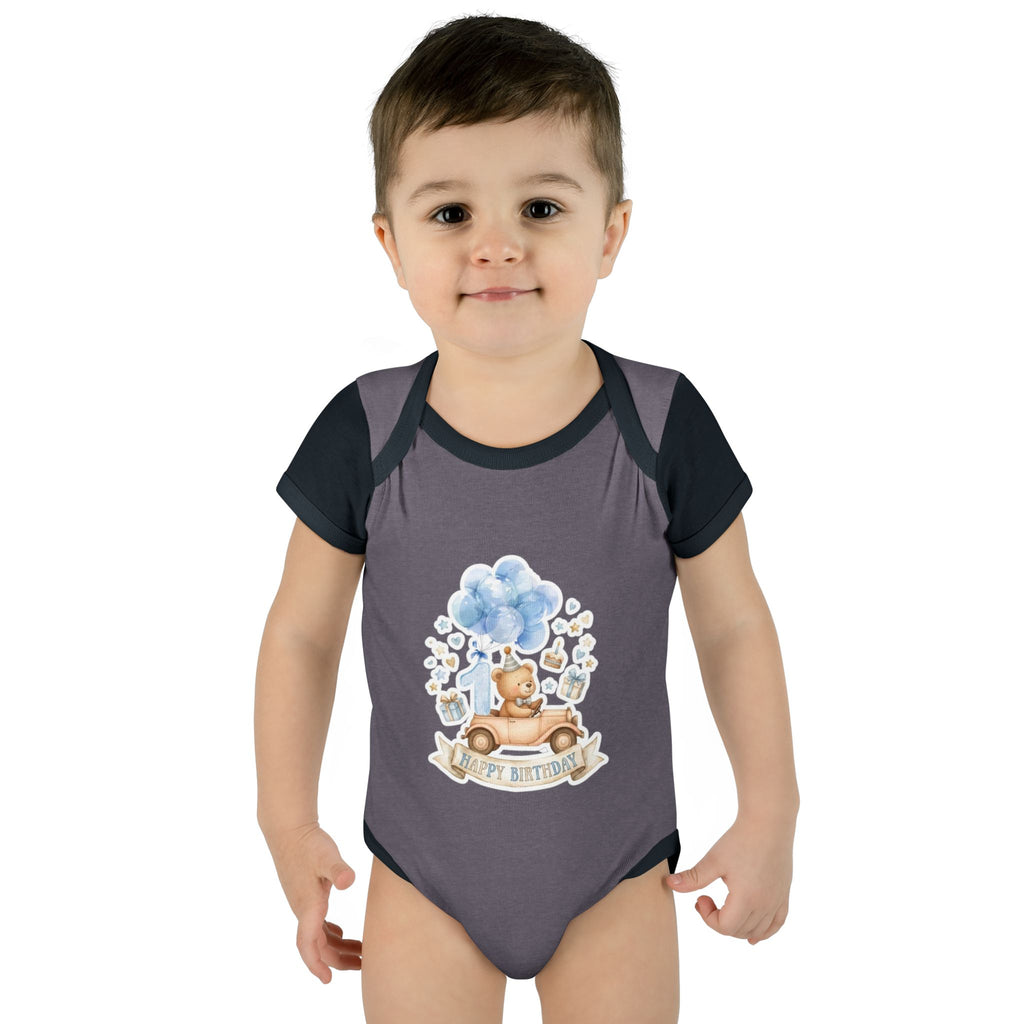 Baby Bodysuit - Blue Teddy Bear with Balloons "Happy Birthday" Infant Onesie