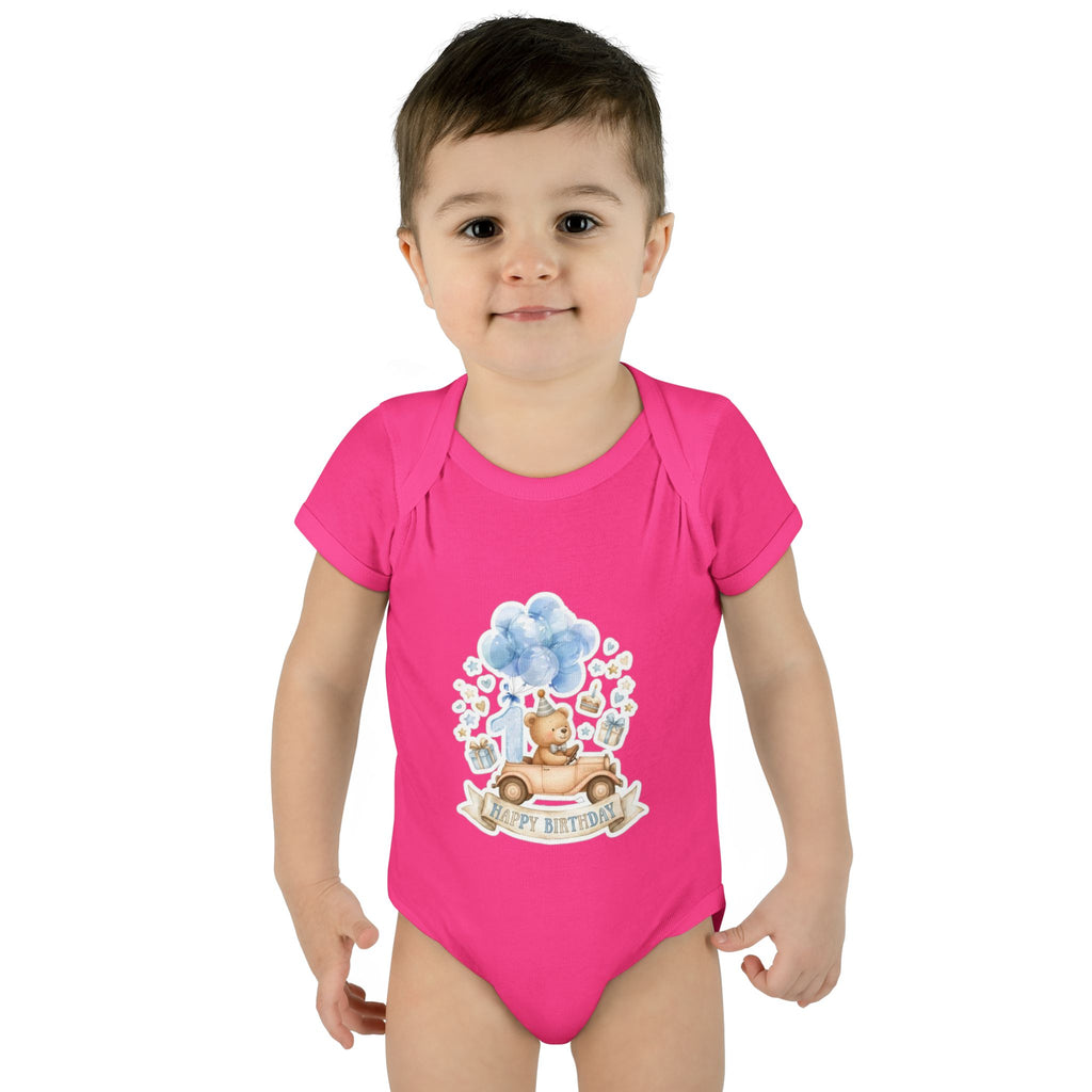 Baby Bodysuit - Blue Teddy Bear with Balloons "Happy Birthday" Infant Onesie