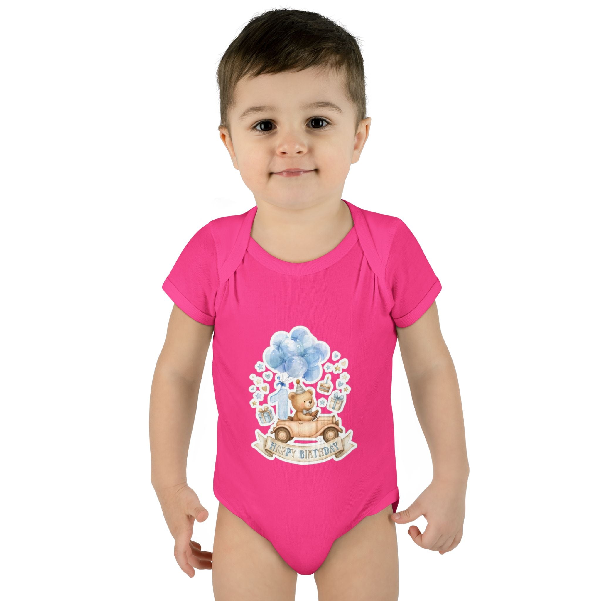Baby Bodysuit - Blue Teddy Bear with Balloons "Happy Birthday" Infant Onesie