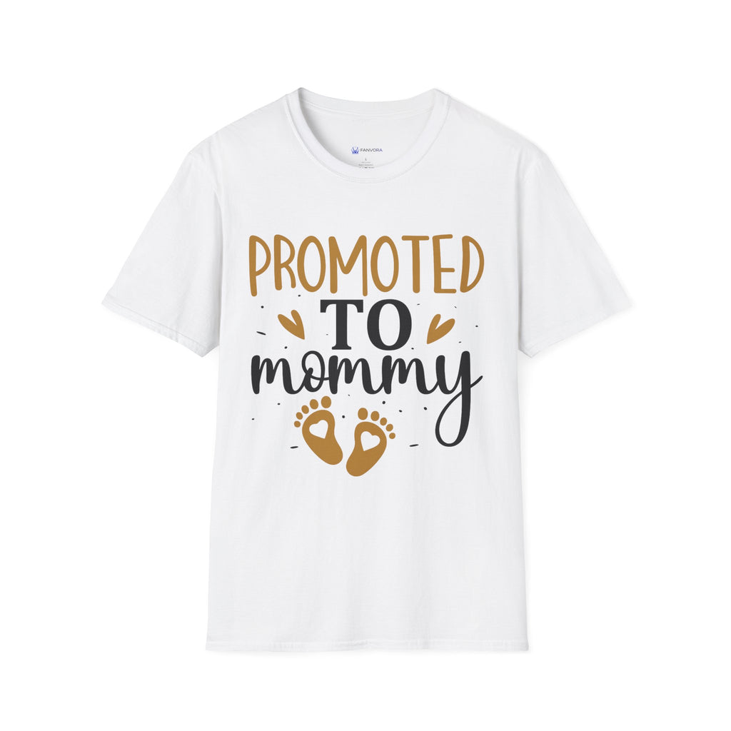 Promoted to Mommy T-Shirt — Pregnancy Announcement Tee with Gold Hearts & Baby Footprints