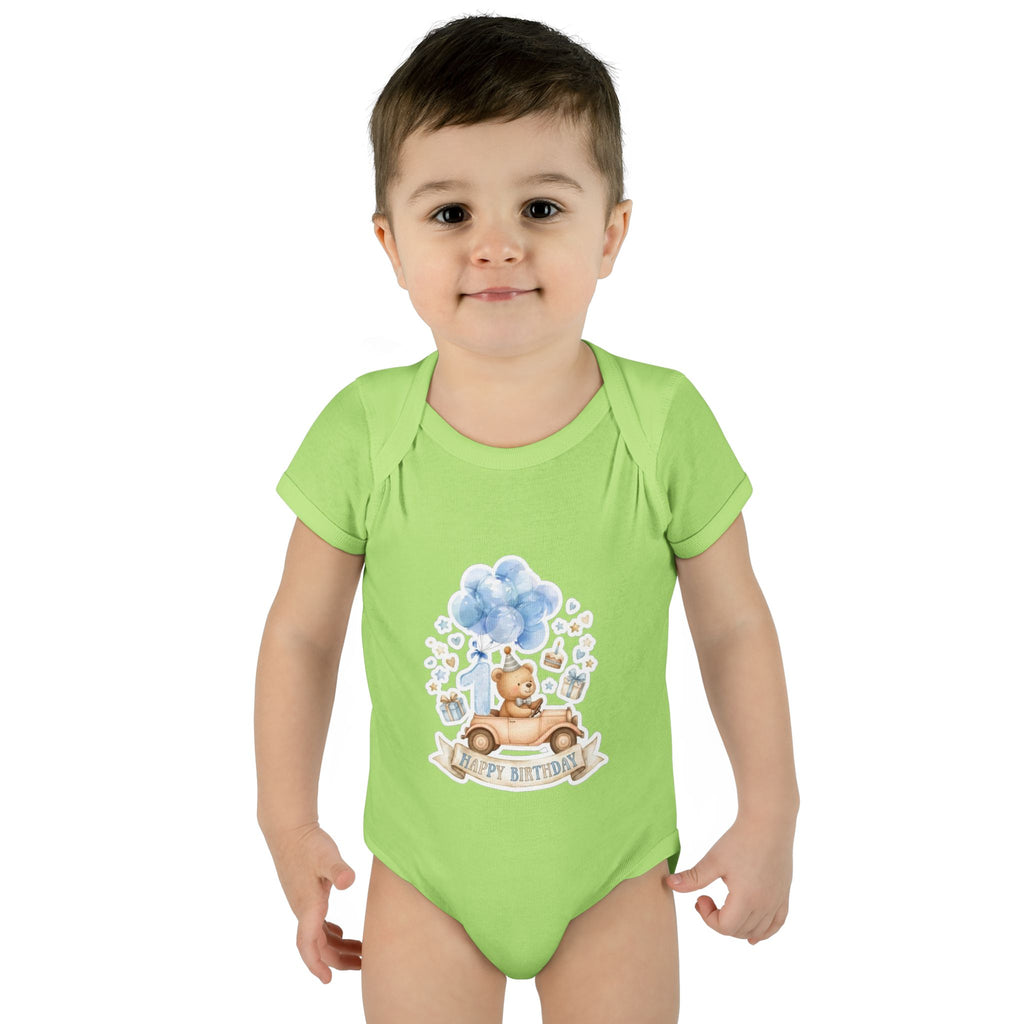 Baby Bodysuit - Blue Teddy Bear with Balloons "Happy Birthday" Infant Onesie