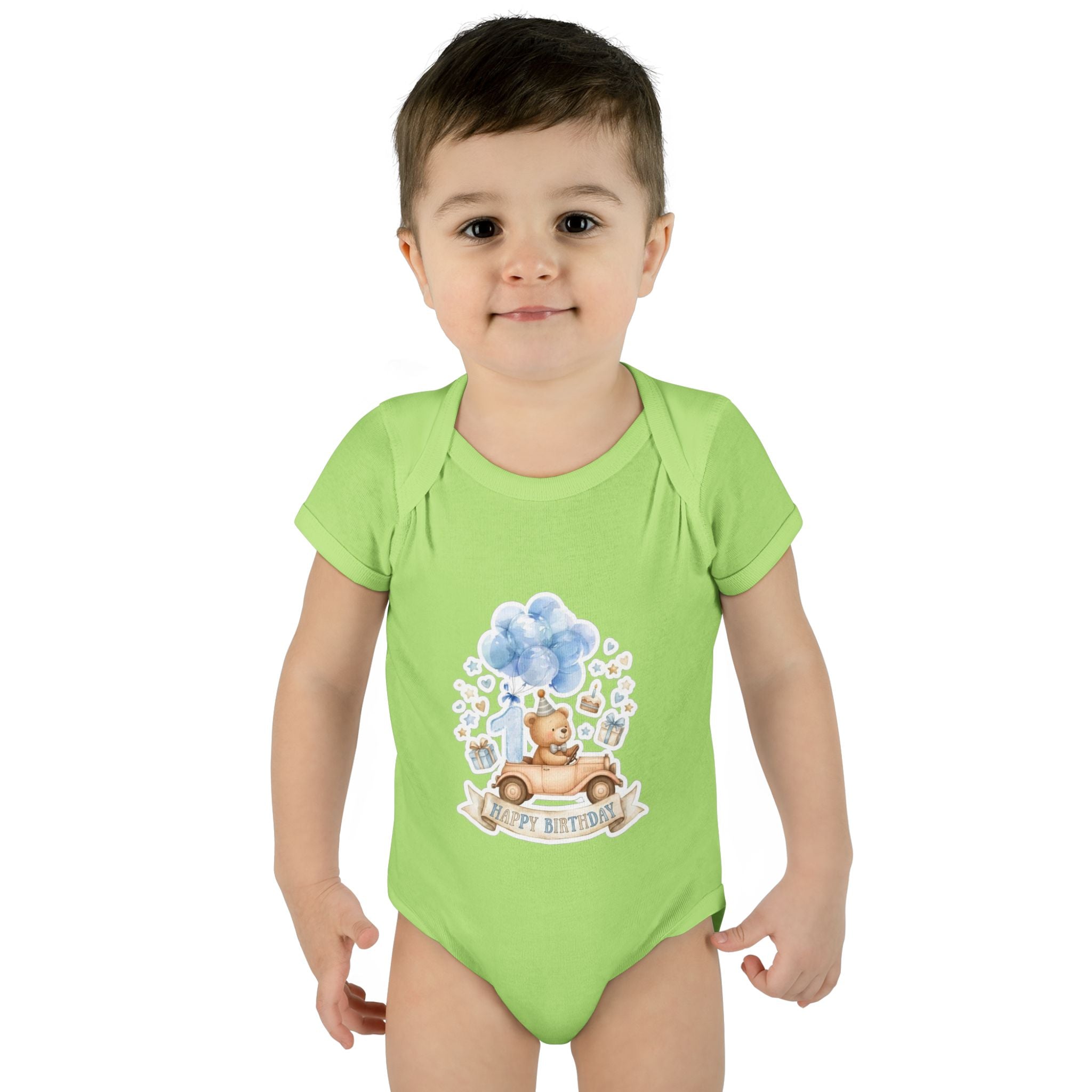 Baby Bodysuit - Blue Teddy Bear with Balloons "Happy Birthday" Infant Onesie