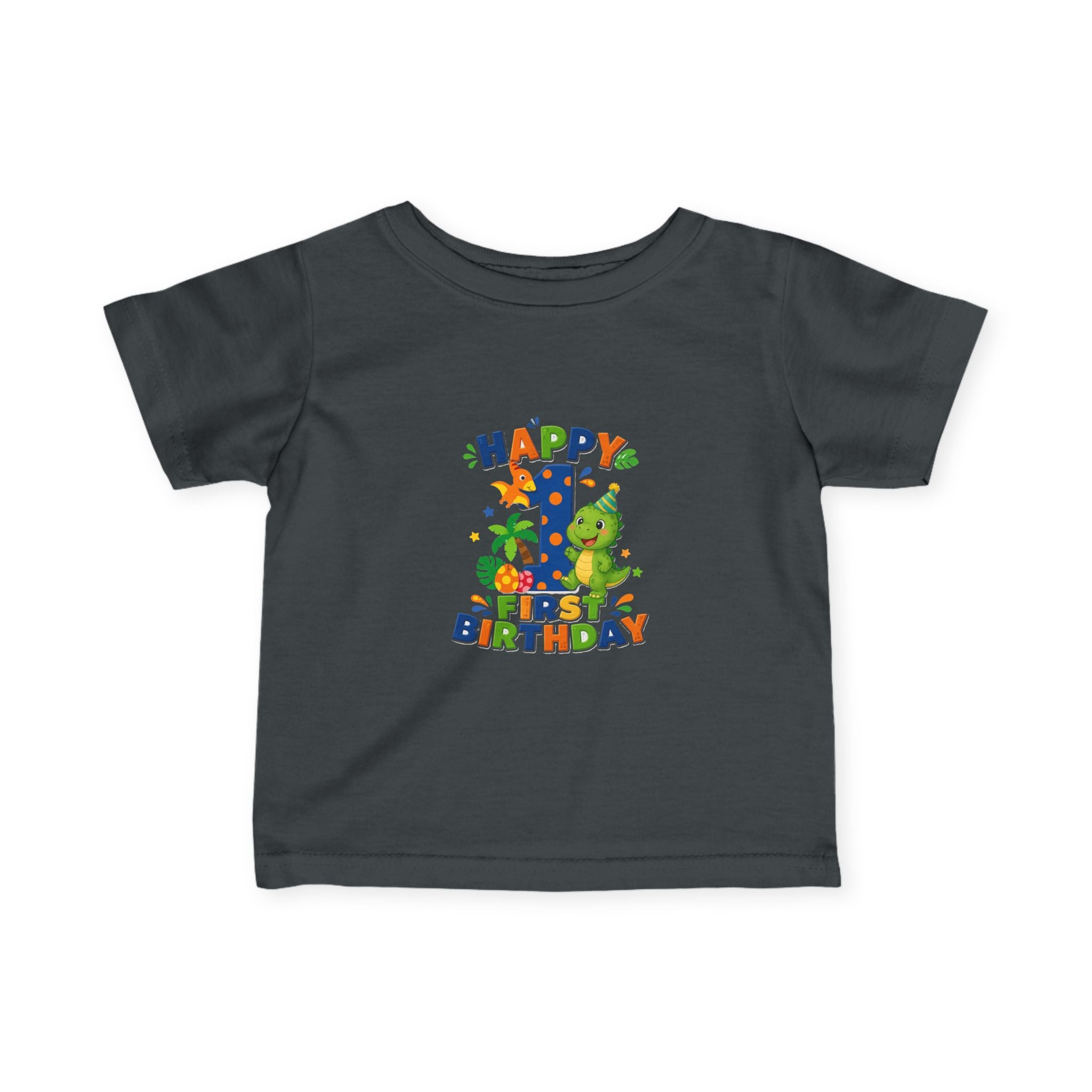 Happy 1st Birthday Infant Tee — Colorful Dino First Birthday Shirt