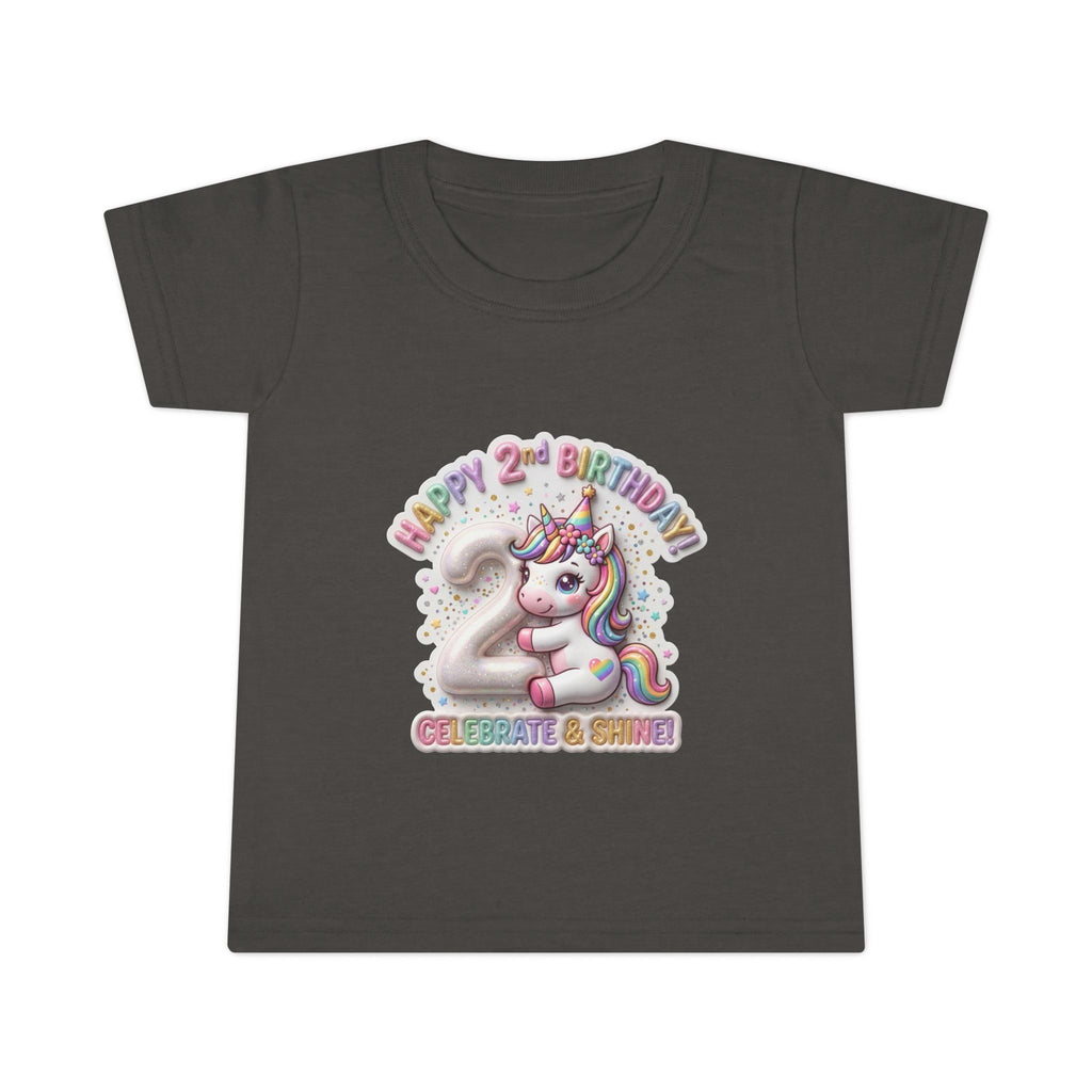 Toddler T-shirt — "Happy 2nd Birthday" Unicorn Celebrate & Shine