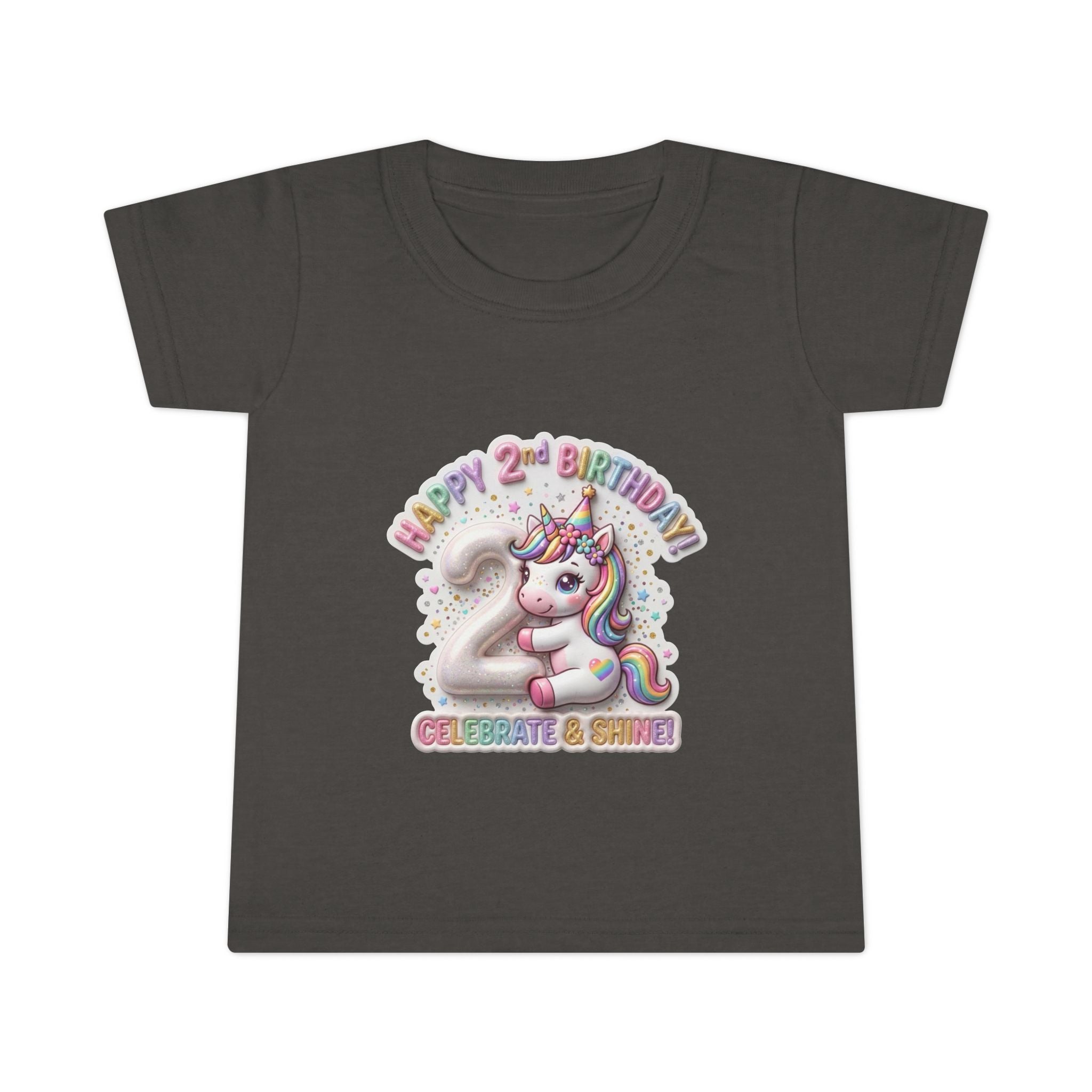 Toddler T-shirt — "Happy 2nd Birthday" Unicorn Celebrate & Shine