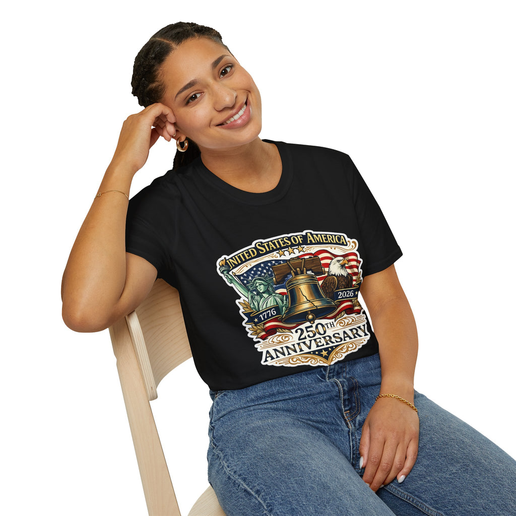 Patriotic USA 250th Anniversary T-Shirt — Liberty Bell, Eagle & Flag Design (1776–2026).