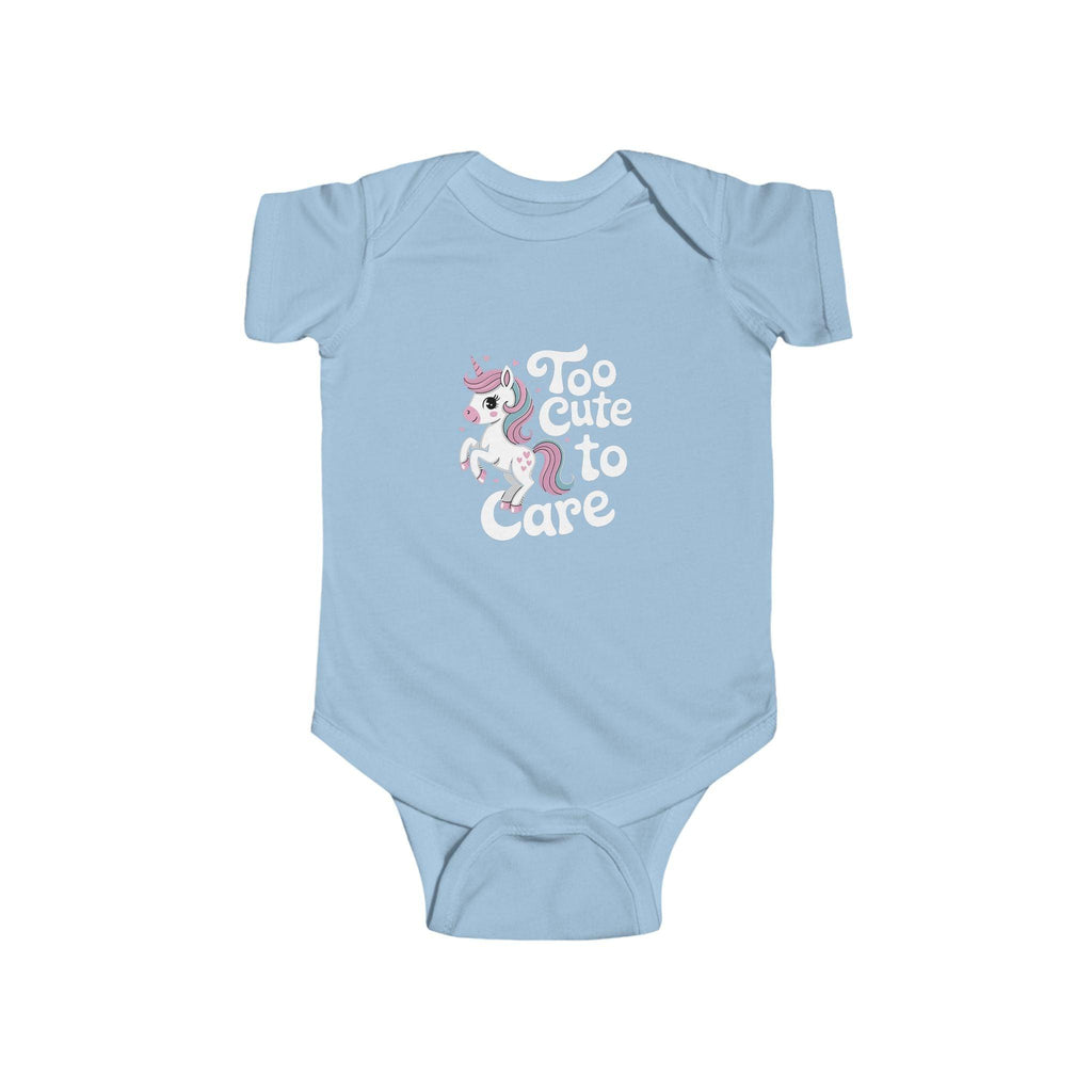 Too Cute to Care Unicorn Baby Bodysuit — Infant Onesie with Playful Pink Graphic.
