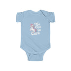 Too Cute to Care Unicorn Baby Bodysuit — Infant Onesie with Playful Pink Graphic.