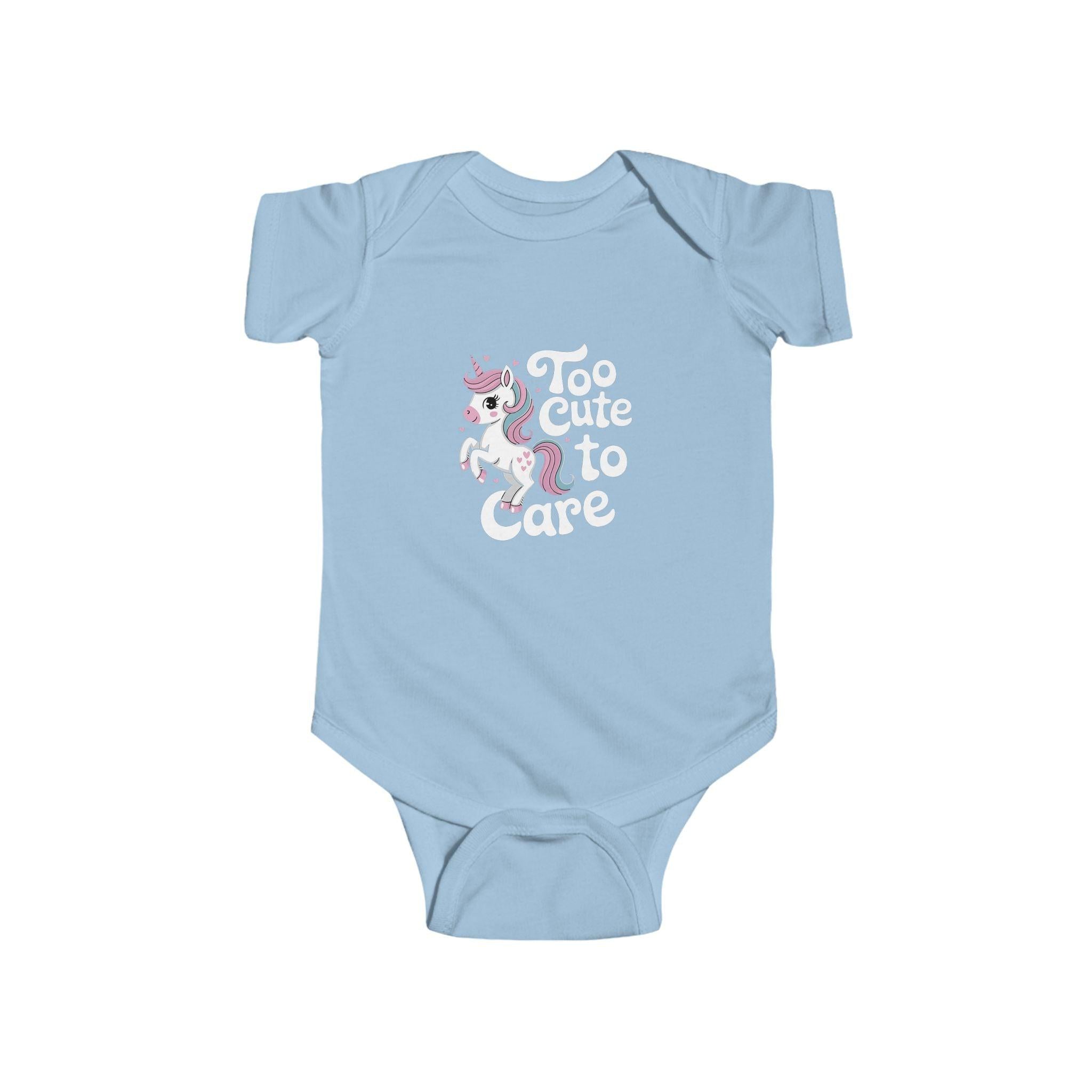 Too Cute to Care Unicorn Baby Bodysuit — Infant Onesie with Playful Pink Graphic.