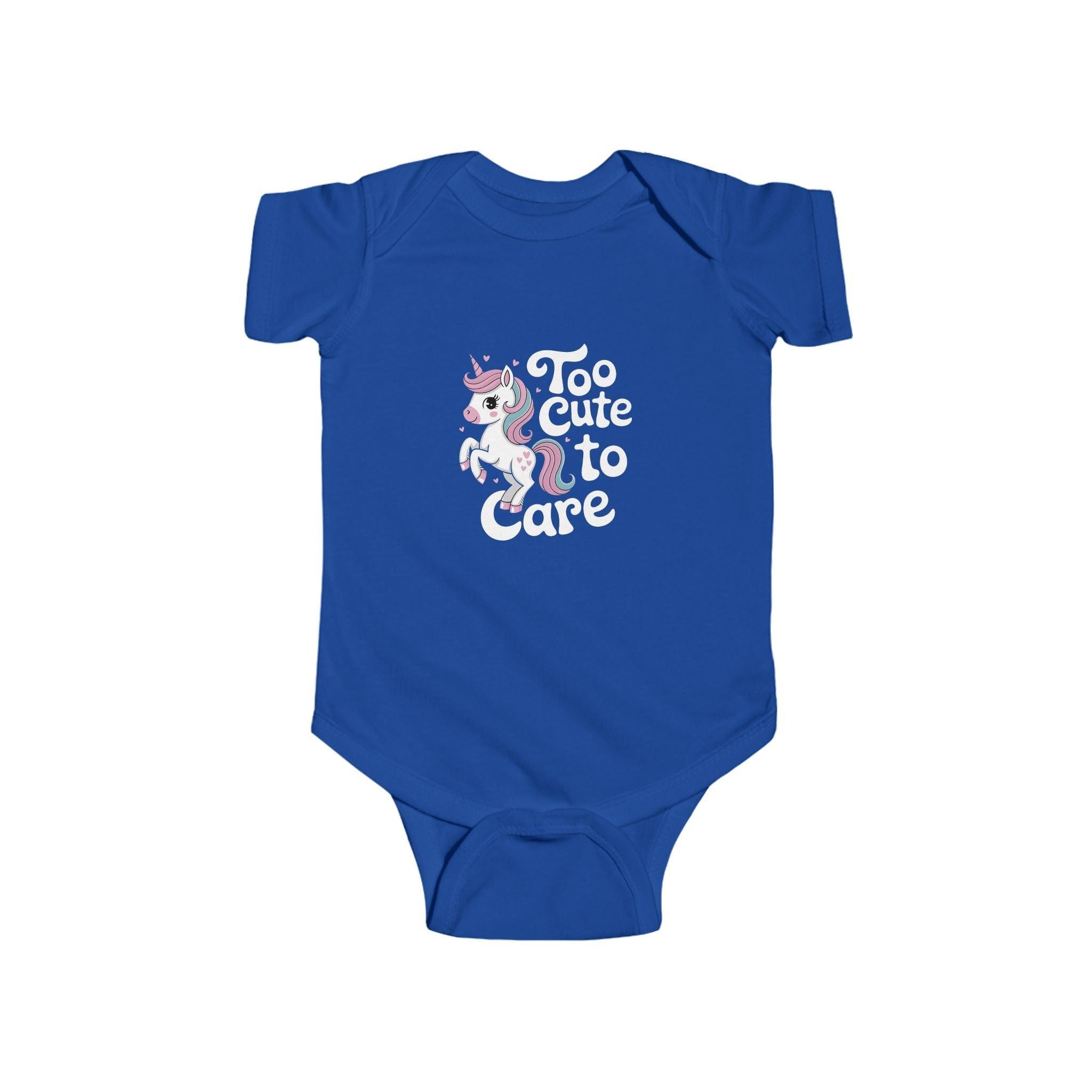 Too Cute to Care Unicorn Baby Bodysuit — Infant Onesie with Playful Pink Graphic.