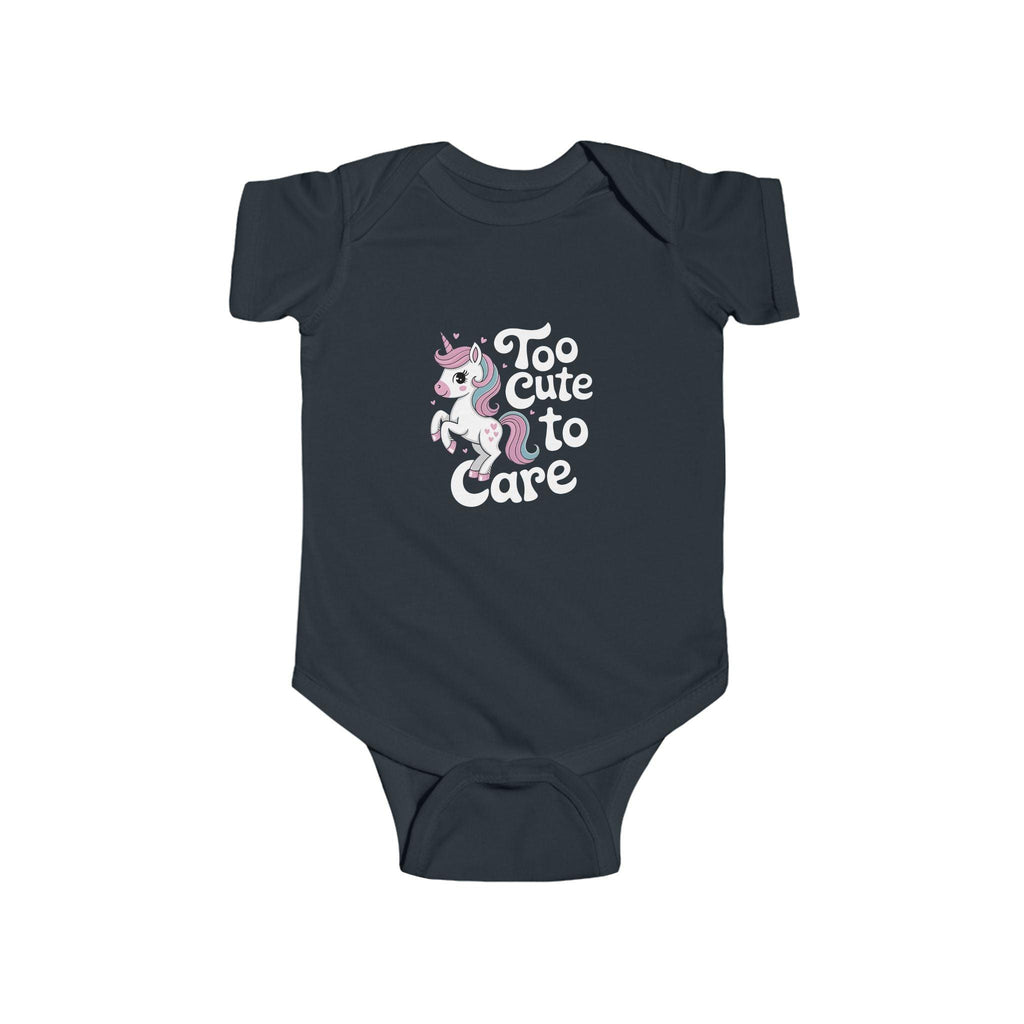 Too Cute to Care Unicorn Baby Bodysuit — Infant Onesie with Playful Pink Graphic.