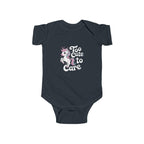 Too Cute to Care Unicorn Baby Bodysuit — Infant Onesie with Playful Pink Graphic.