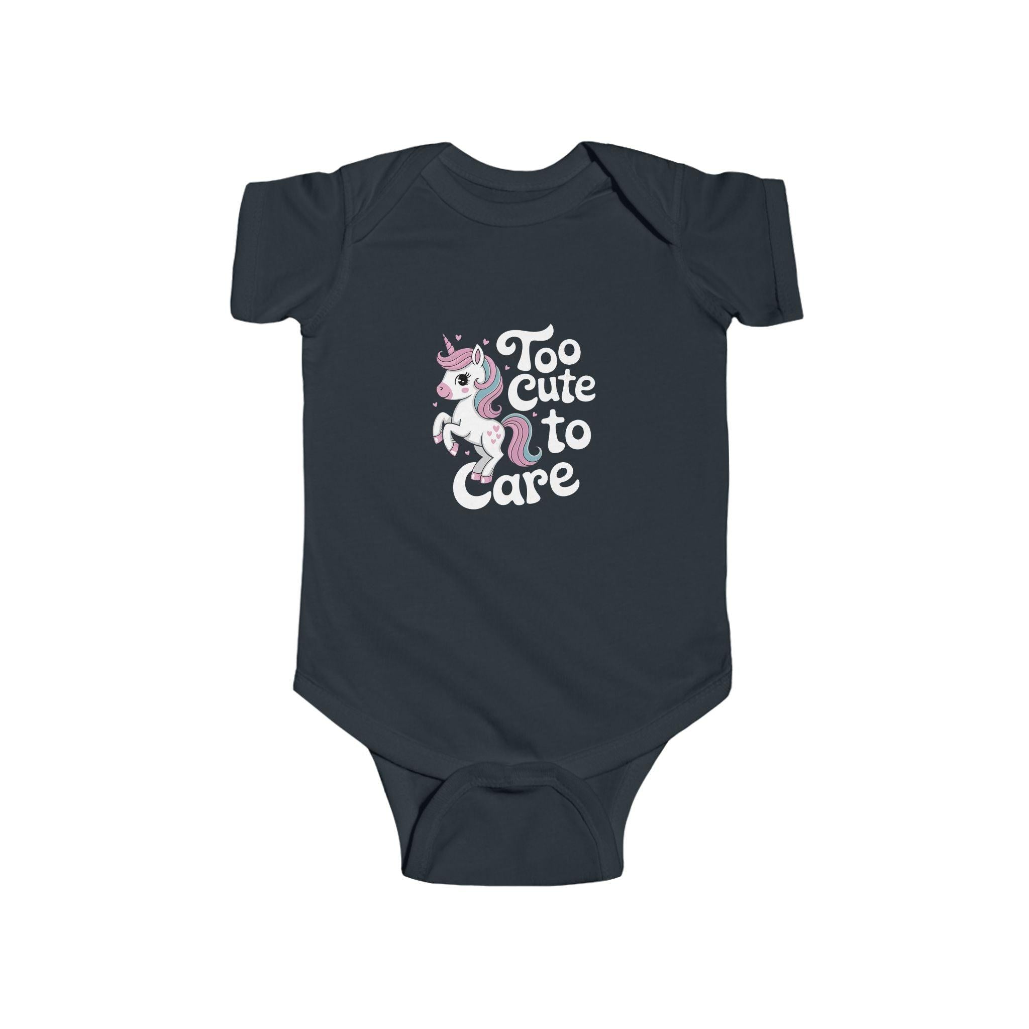 Too Cute to Care Unicorn Baby Bodysuit — Infant Onesie with Playful Pink Graphic.