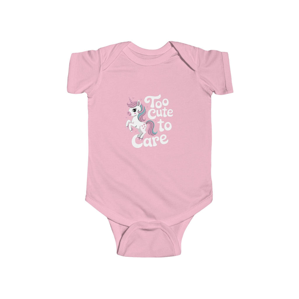 Too Cute to Care Unicorn Baby Bodysuit — Infant Onesie with Playful Pink Graphic.