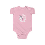 Too Cute to Care Unicorn Baby Bodysuit — Infant Onesie with Playful Pink Graphic.