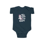 Too Cute to Care Unicorn Baby Bodysuit — Infant Onesie with Playful Pink Graphic.