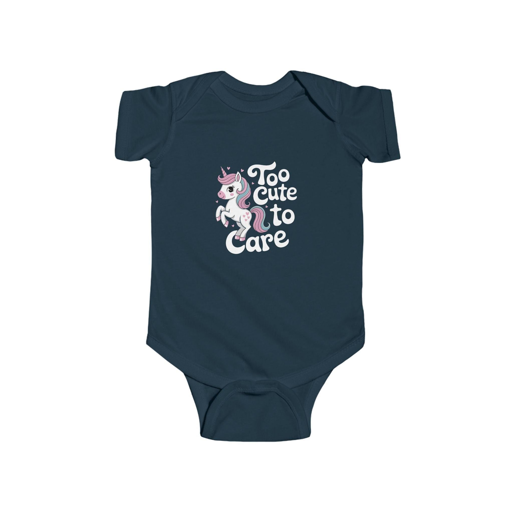 Too Cute to Care Unicorn Baby Bodysuit — Infant Onesie with Playful Pink Graphic.