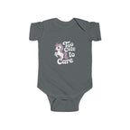 Too Cute to Care Unicorn Baby Bodysuit — Infant Onesie with Playful Pink Graphic.