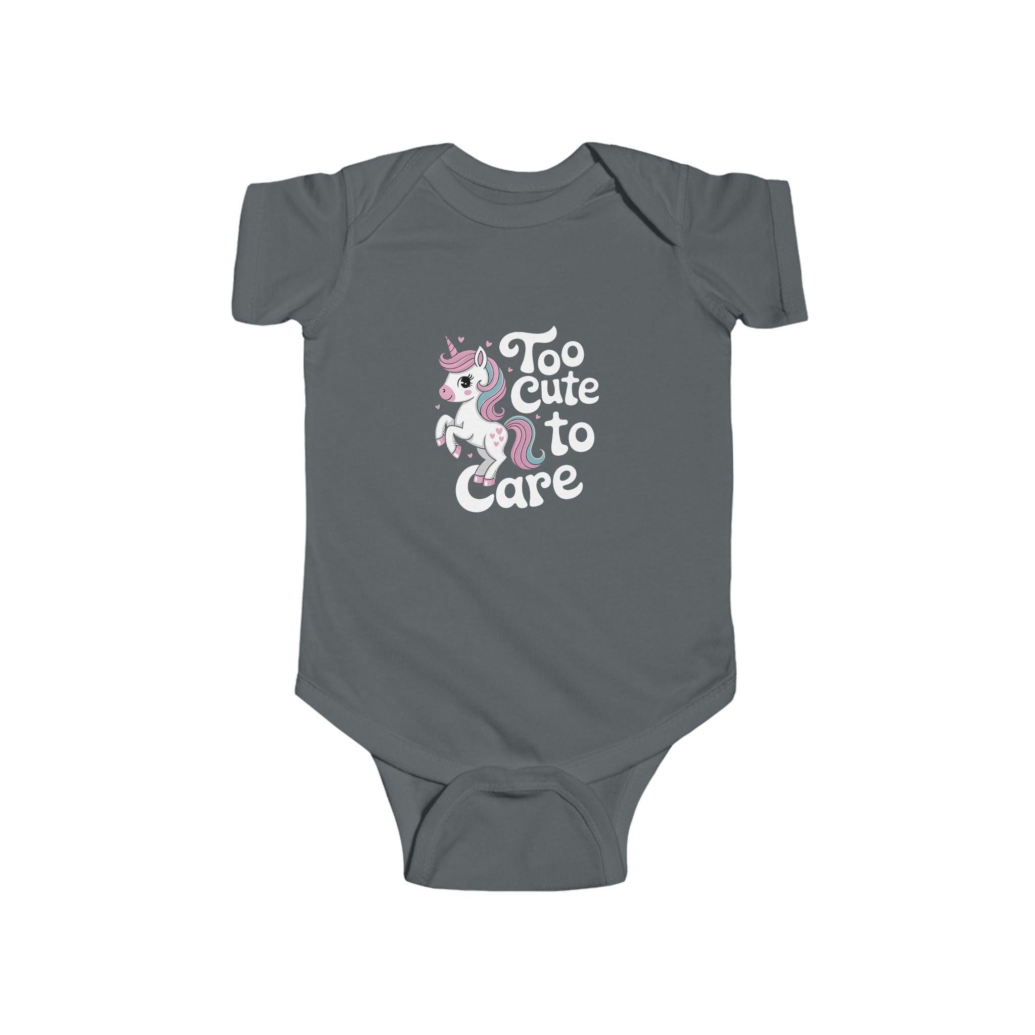 Too Cute to Care Unicorn Baby Bodysuit — Infant Onesie with Playful Pink Graphic.