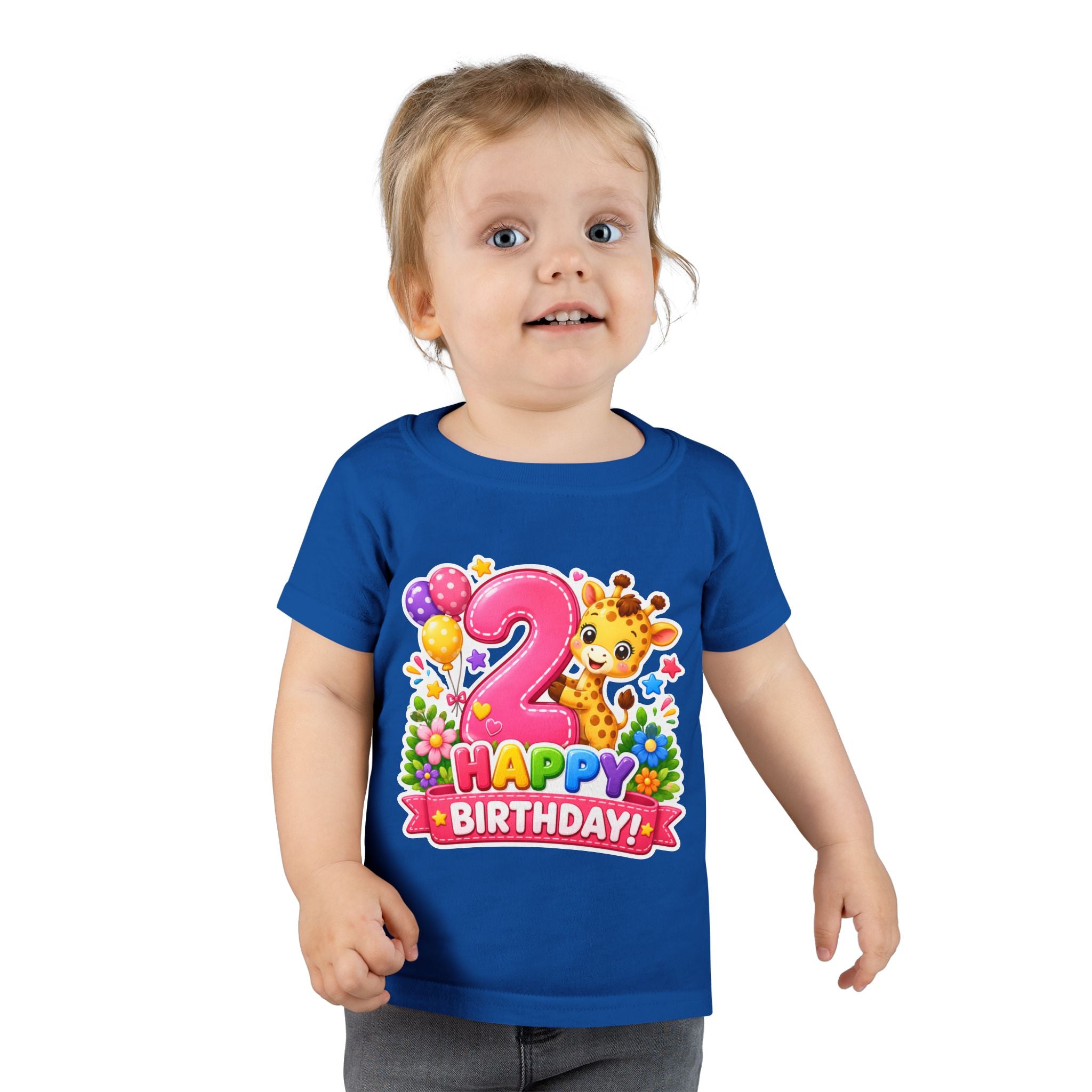 2nd Birthday Toddler T-Shirt — Cute Giraffe "Happy Birthday" Design
