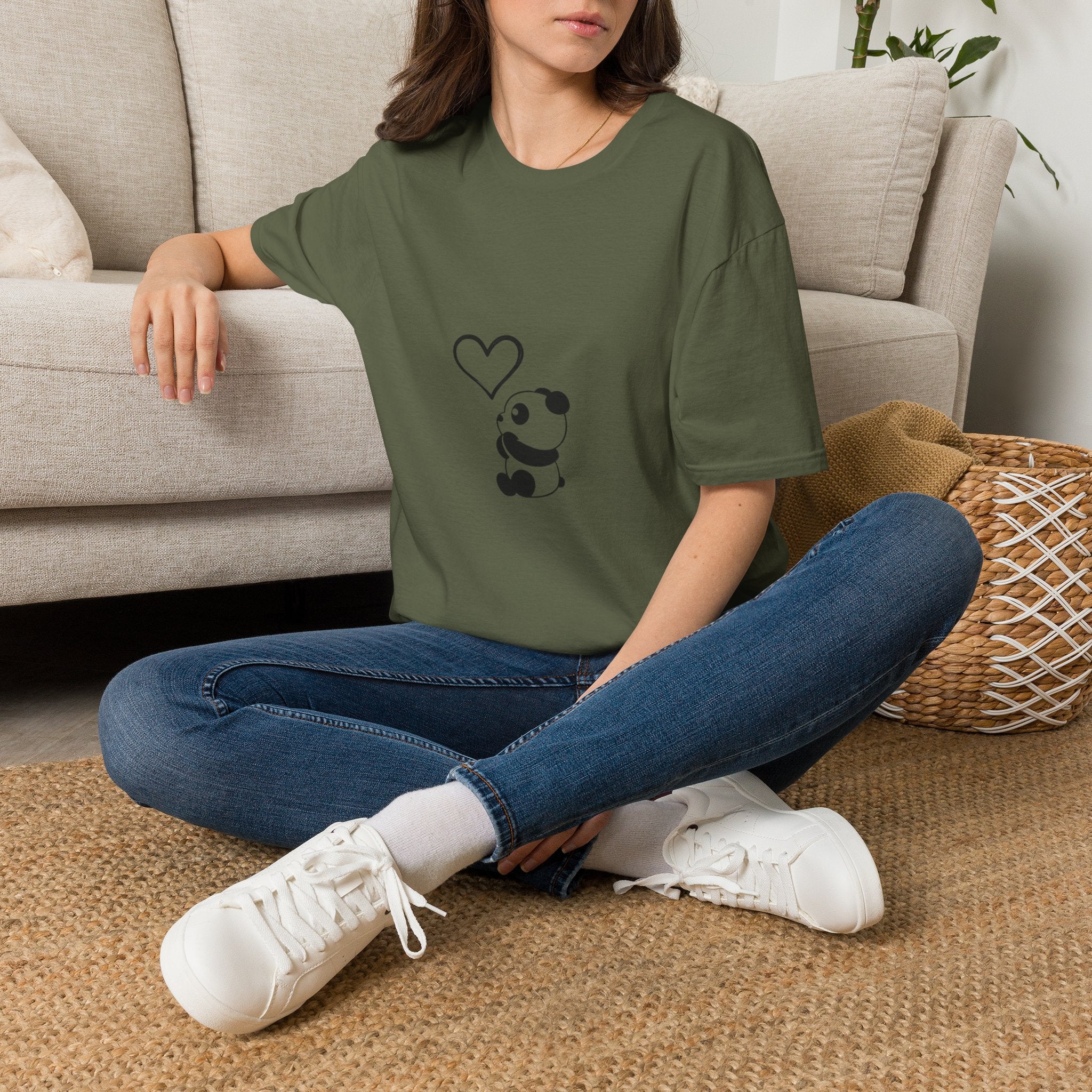 Panda Heart T‑Shirt — Cute Minimalist Panda Holding Heart Graphic