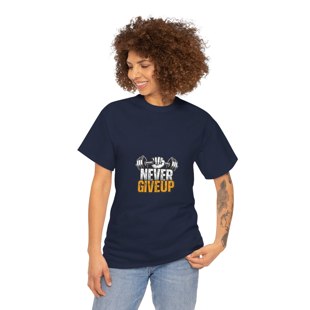 Never Give Up Fitness T-Shirt — Motivational Gym Tee with Dumbbell Graphic