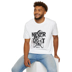 Gamer 'Never Quit' T-Shirt — Headphones & Controller Retro Gaming Tee
