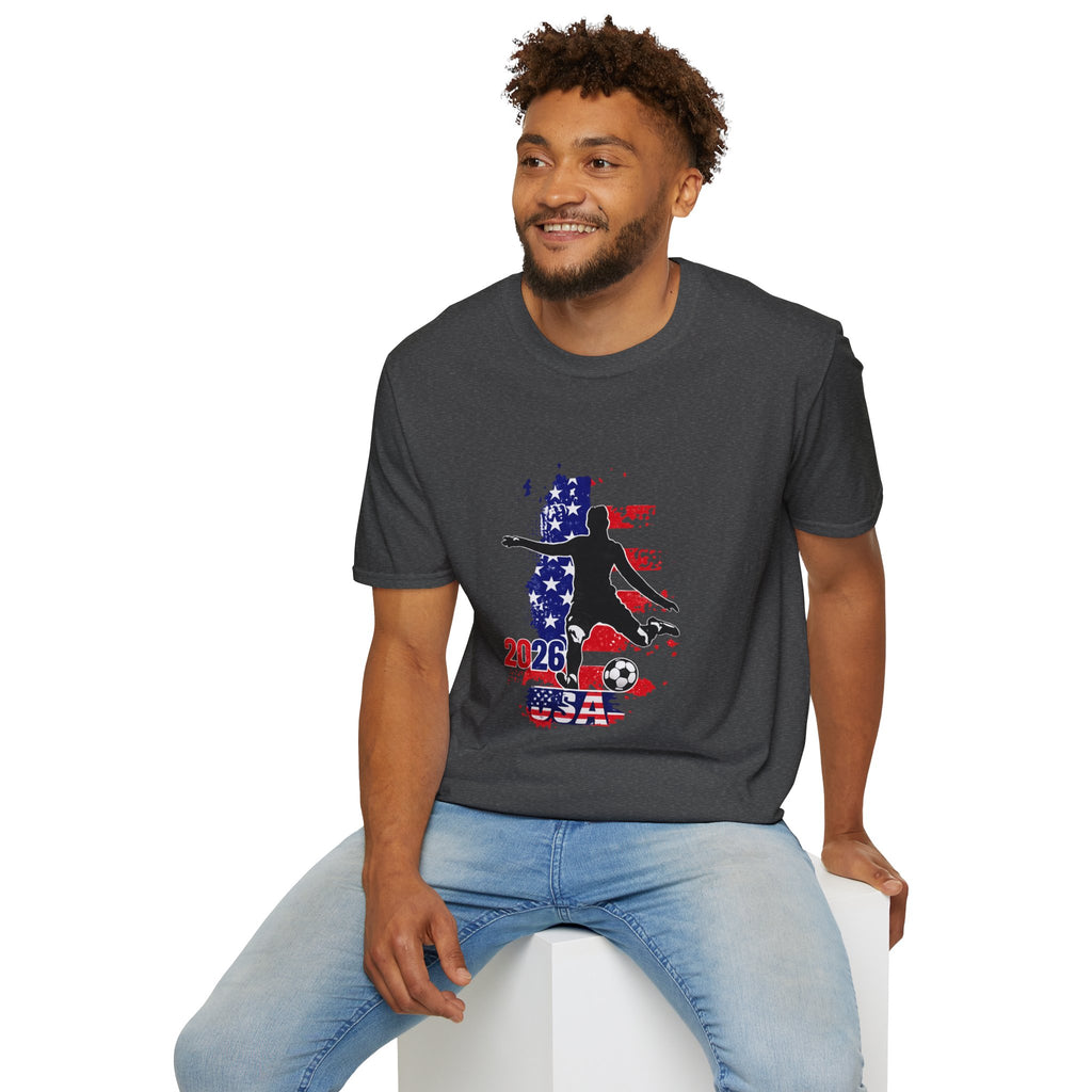 USA Soccer Player Silhouette T-Shirt — American Flag Soccer 2026 Fan Tee
