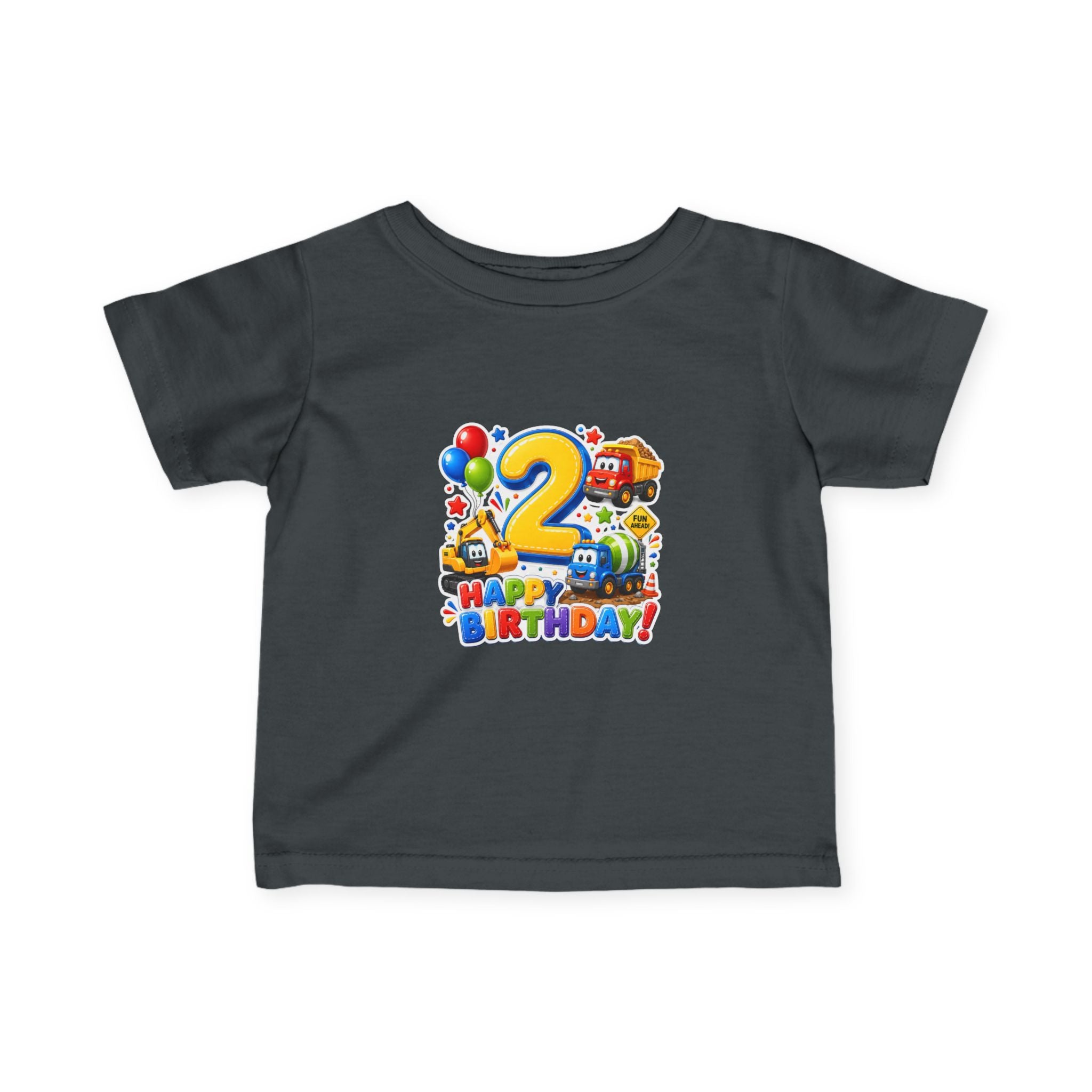 2nd Birthday Infant Tee — Colorful Trucks, Balloons & 'Happy Birthday' Design