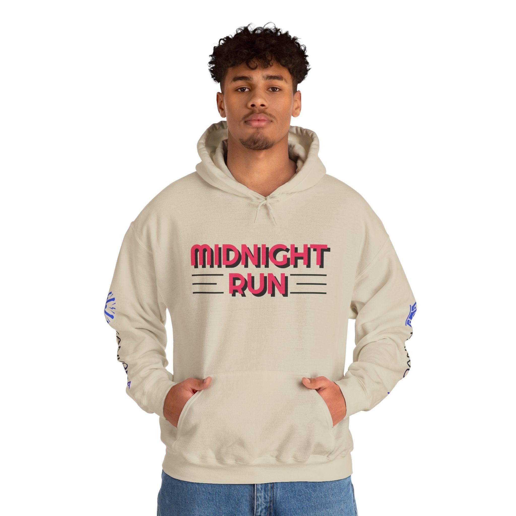 Unisex Midnight Run Hoodie — Retro Palm Beach Graphic Hooded Sweatshirt.