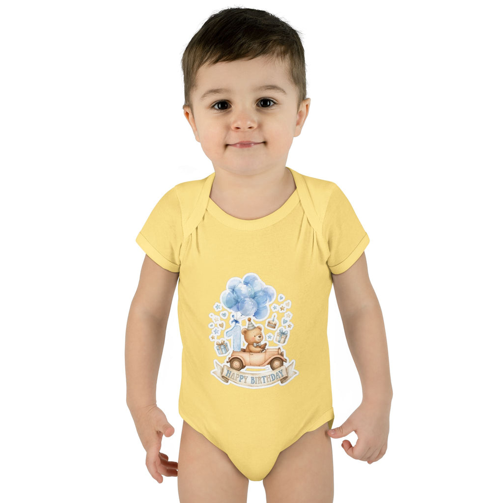 Baby Bodysuit - Blue Teddy Bear with Balloons "Happy Birthday" Infant Onesie
