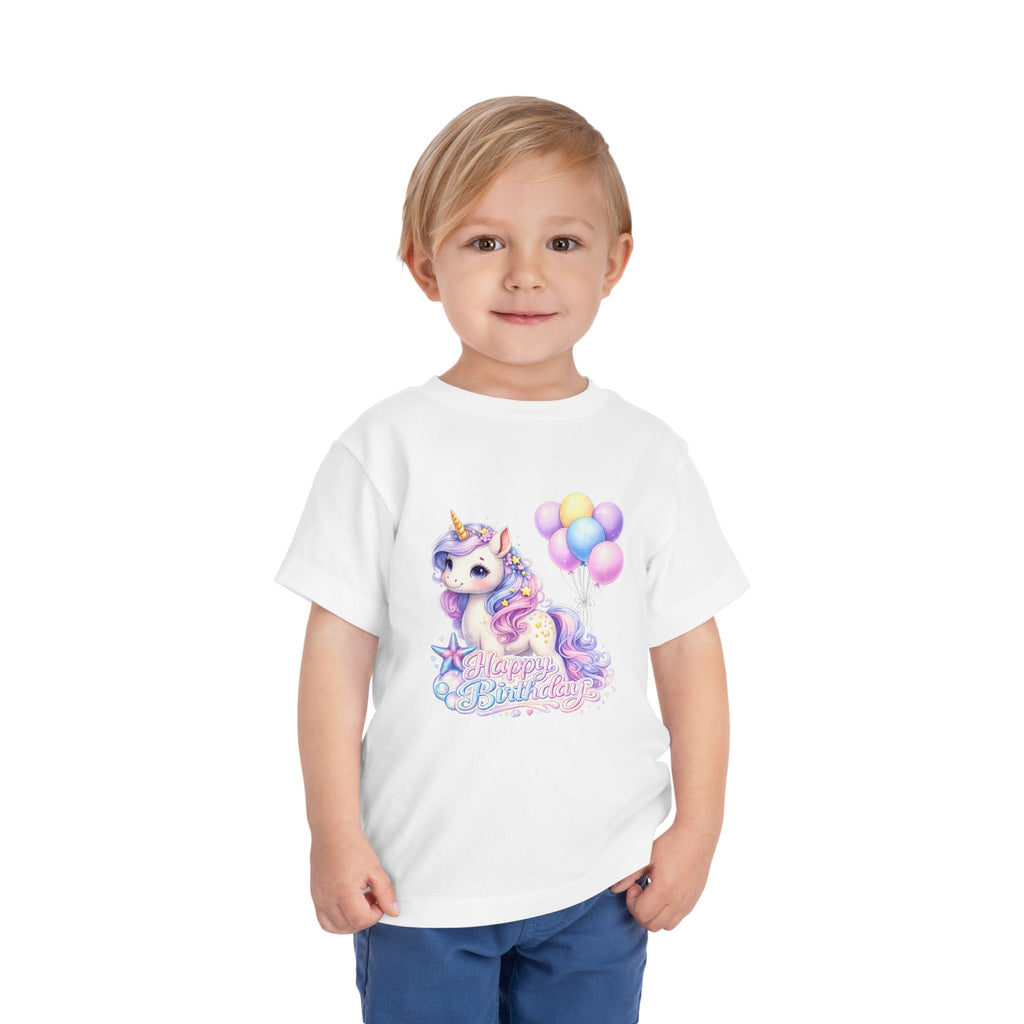Toddler Tee — Pastel Unicorn "Happy Birthday" Shirt with Balloons