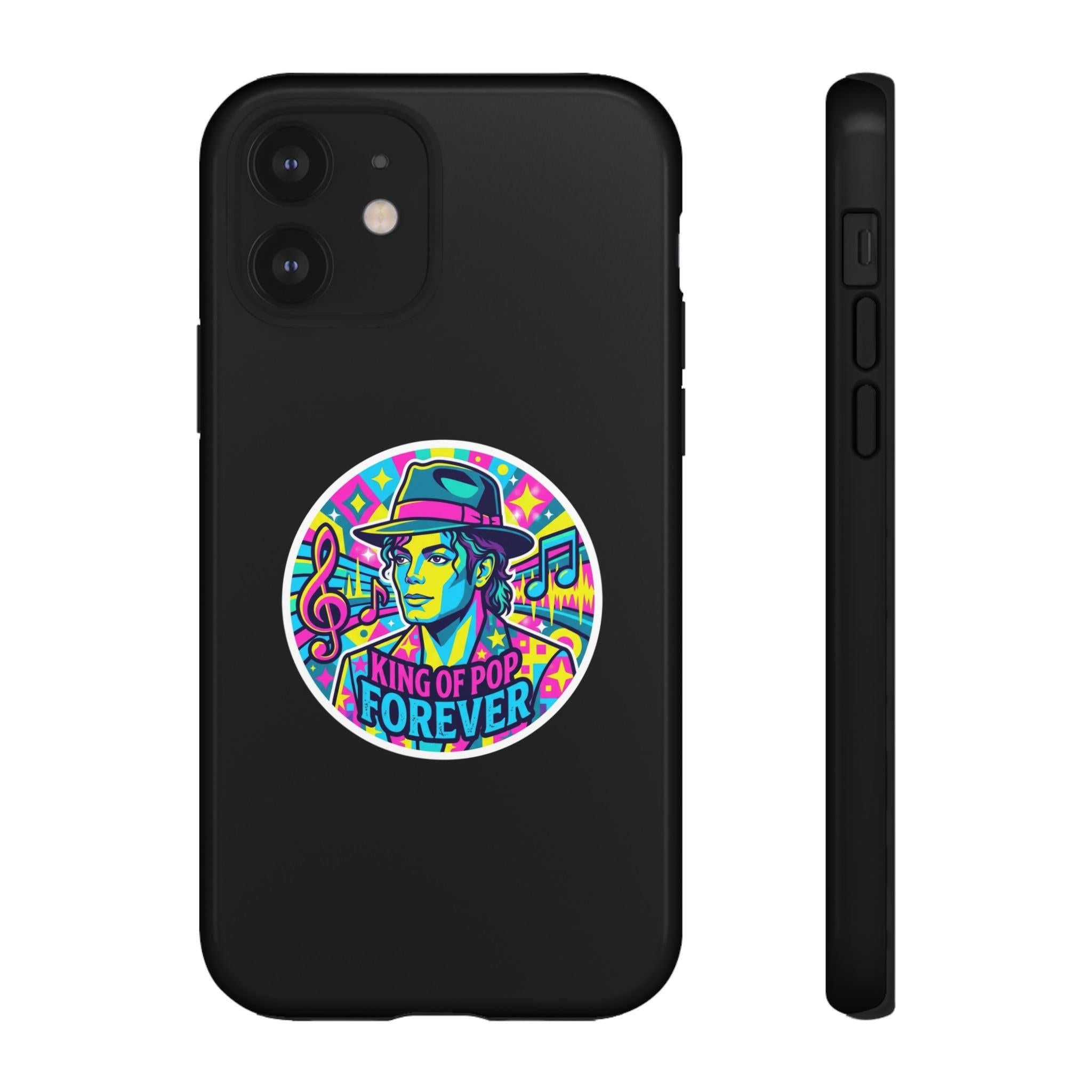 Matte Black iPhone Tough Cases 12 to 17 Pro Max  — "King of Pop Forever" Retro Pop Art Phone Case.