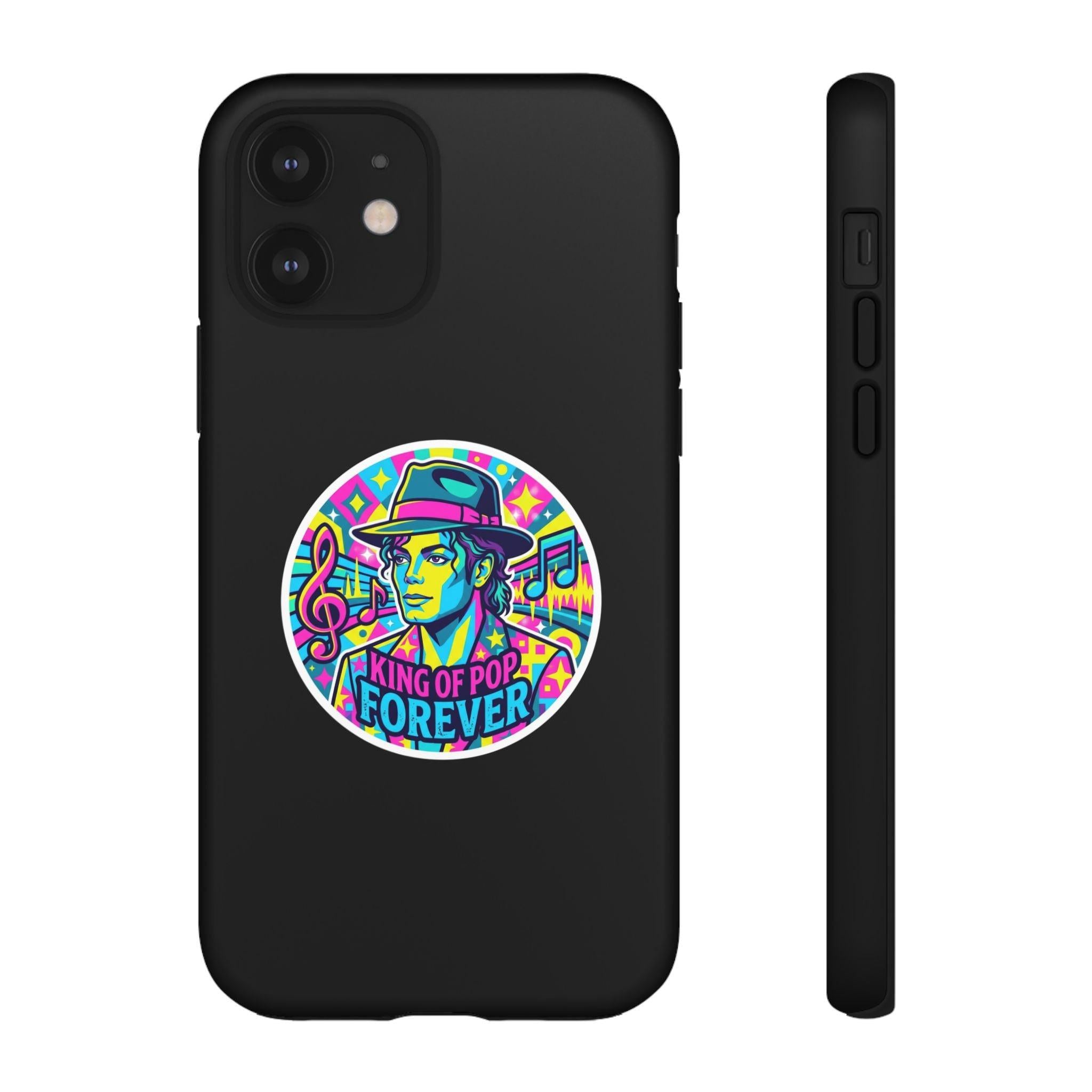 Matte Black iPhone Tough Cases 12 to 17 Pro Max  — "King of Pop Forever" Retro Pop Art Phone Case.