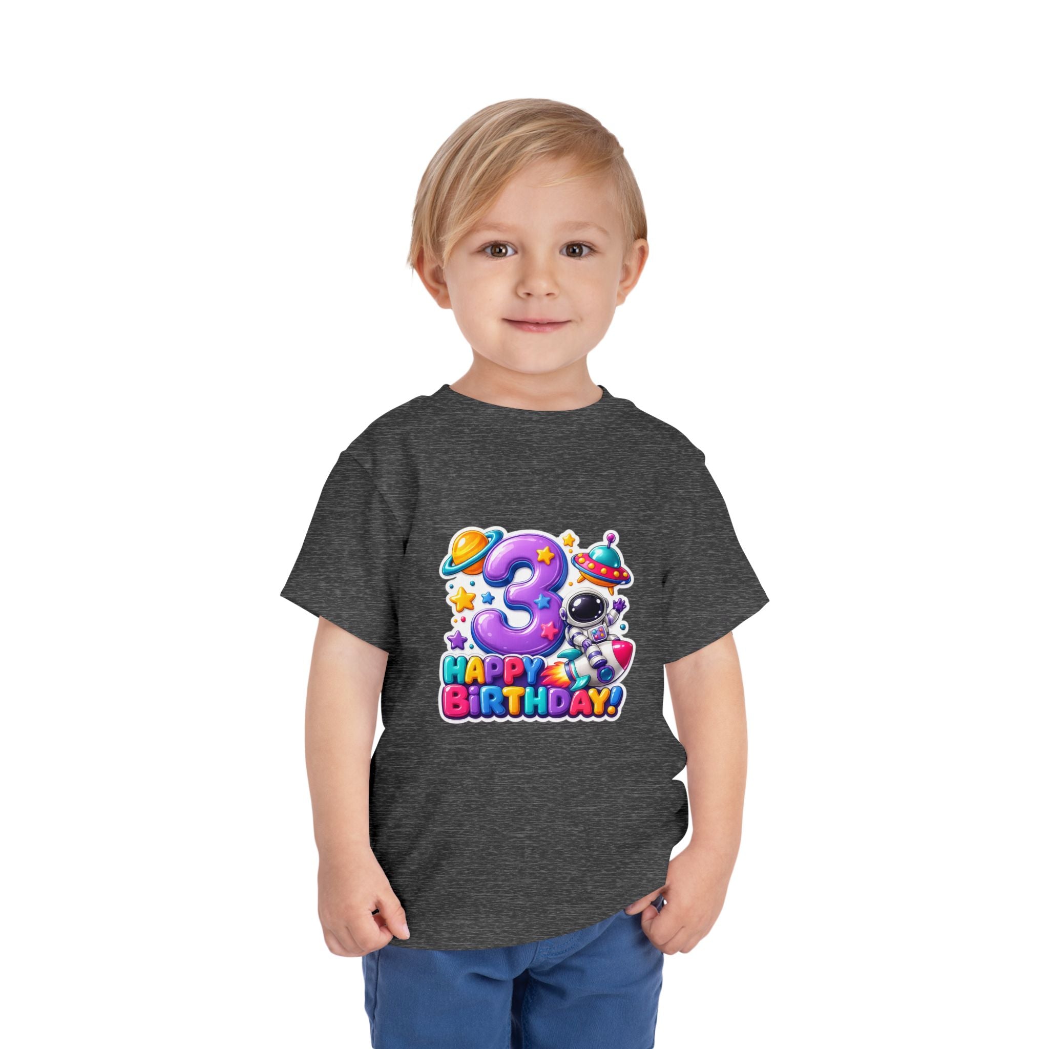 3rd Birthday Toddler Tee — Space Astronaut "Happy Birthday" Shirt