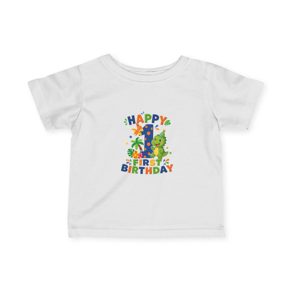 Happy 1st Birthday Infant Tee — Colorful Dino First Birthday Shirt