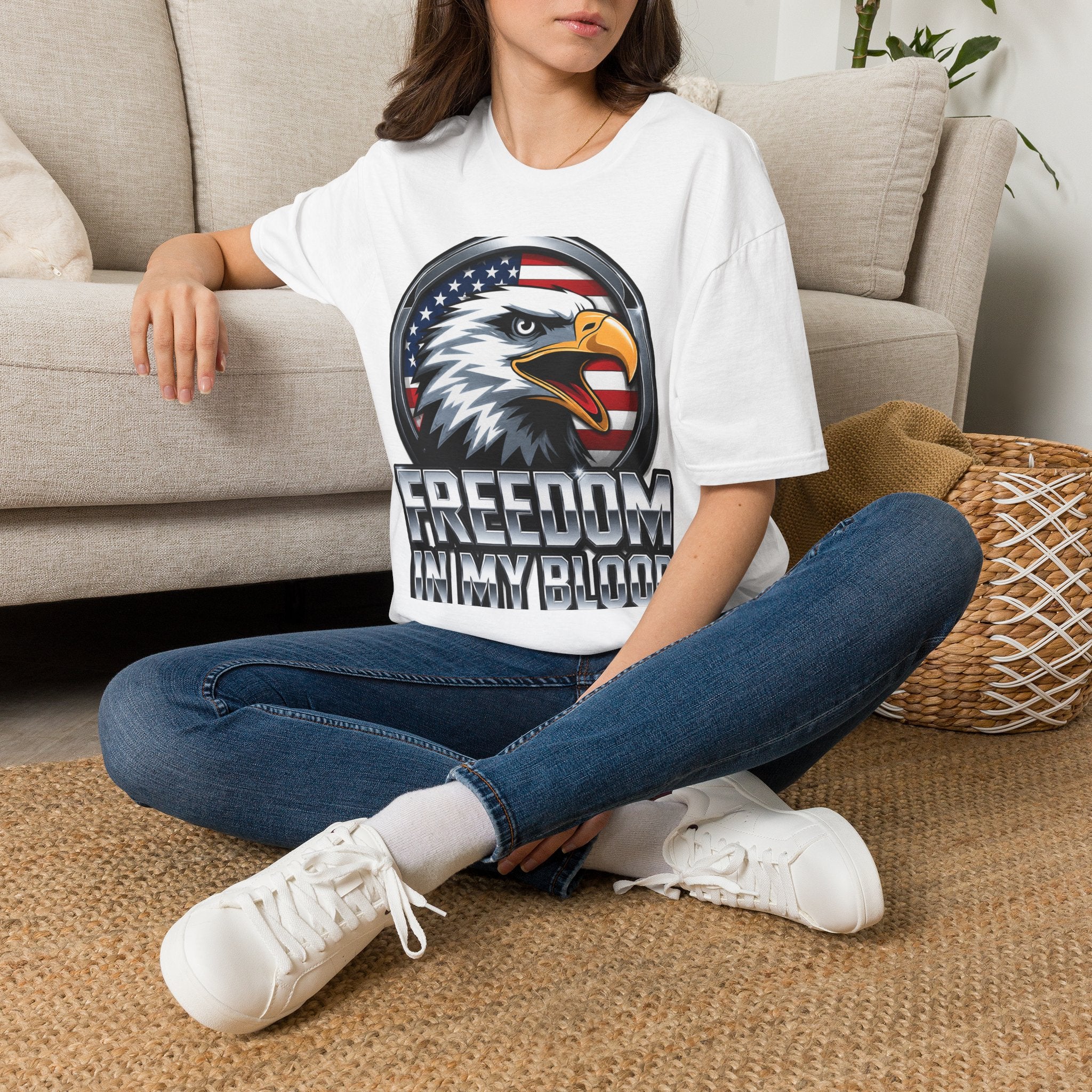 Patriotic Eagle T-Shirt — 'Freedom in My Blood' American Flag Tee design.