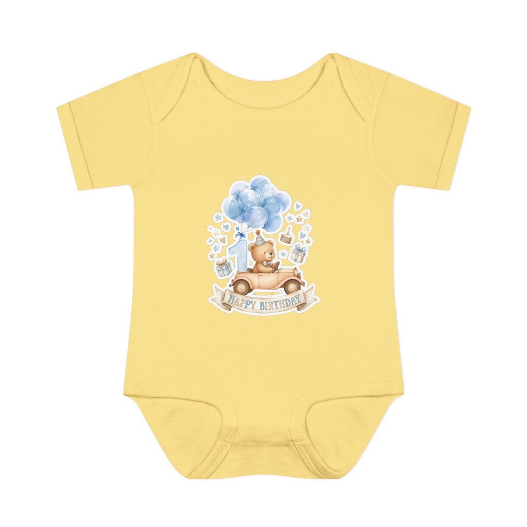 Baby Bodysuit - Blue Teddy Bear with Balloons "Happy Birthday" Infant Onesie