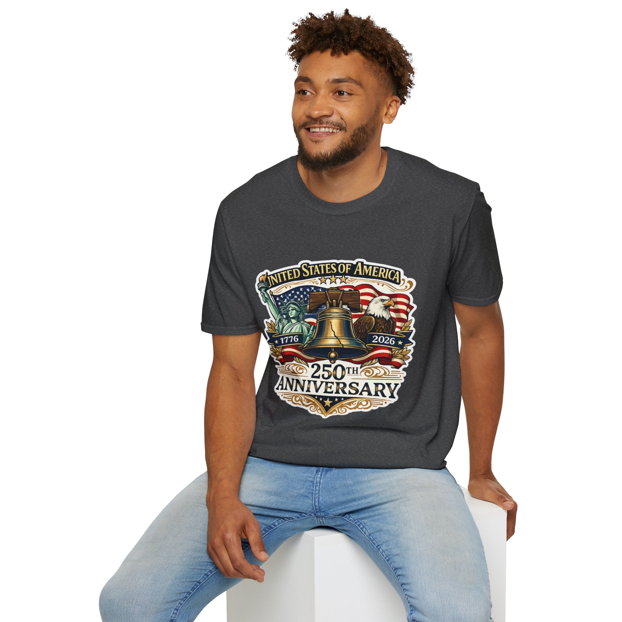 Patriotic USA 250th Anniversary T-Shirt — Liberty Bell, Eagle & Flag Design (1776–2026).