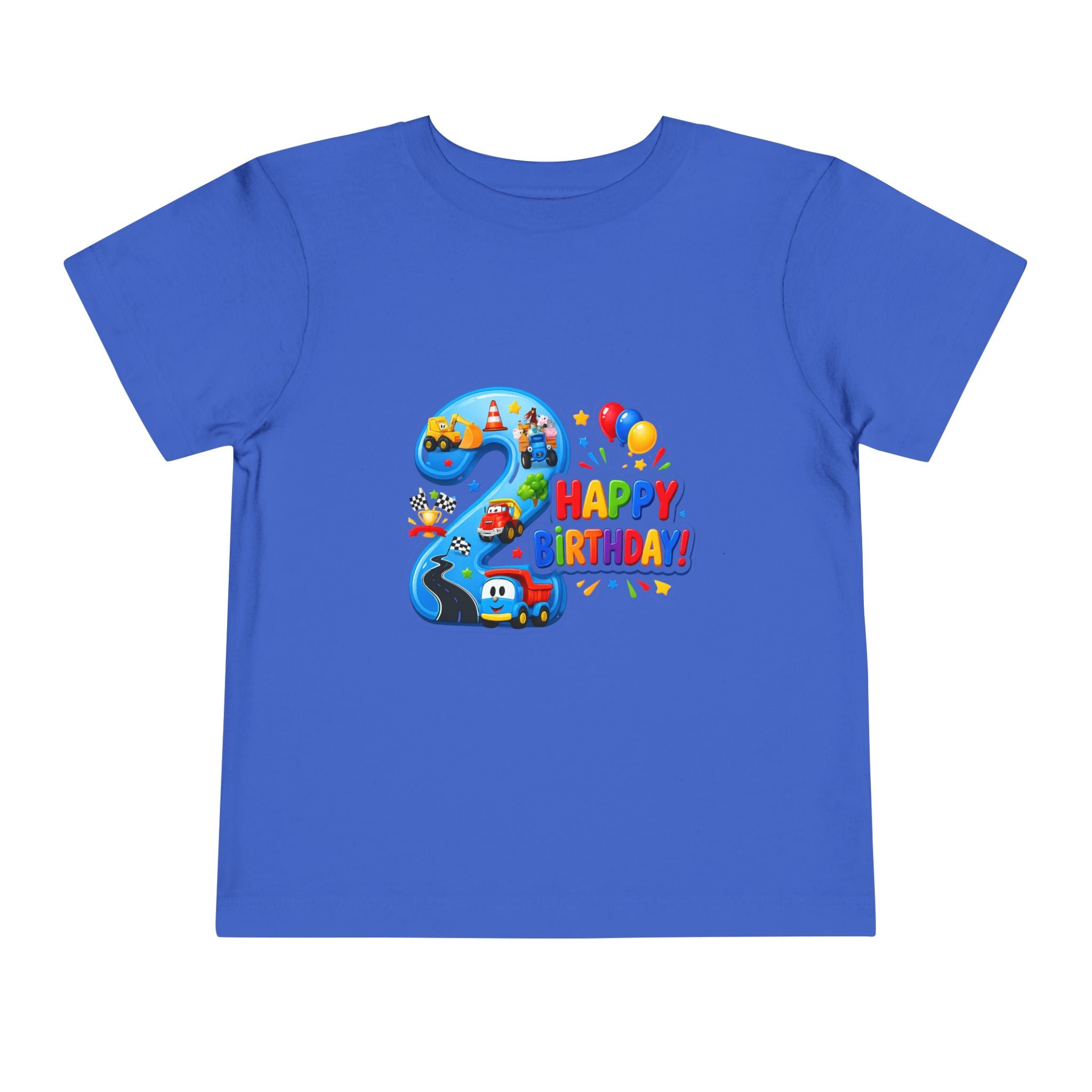 2nd Birthday Toddler Tee — Happy Birthday Number 2 with Cars & Balloons
