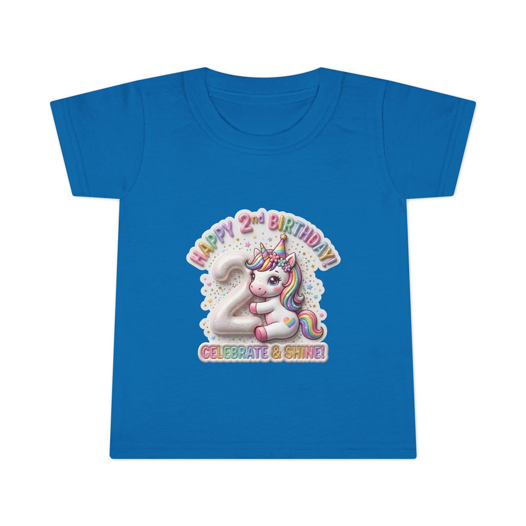 Toddler T-shirt — "Happy 2nd Birthday" Unicorn Celebrate & Shine