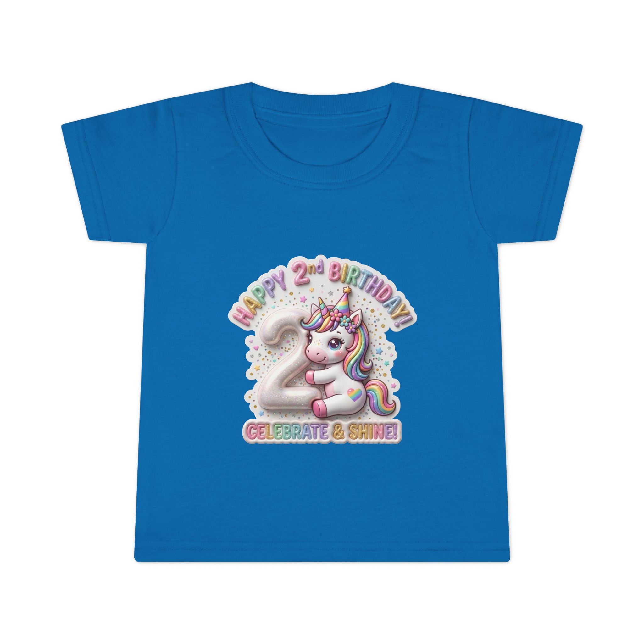 Toddler T-shirt — "Happy 2nd Birthday" Unicorn Celebrate & Shine