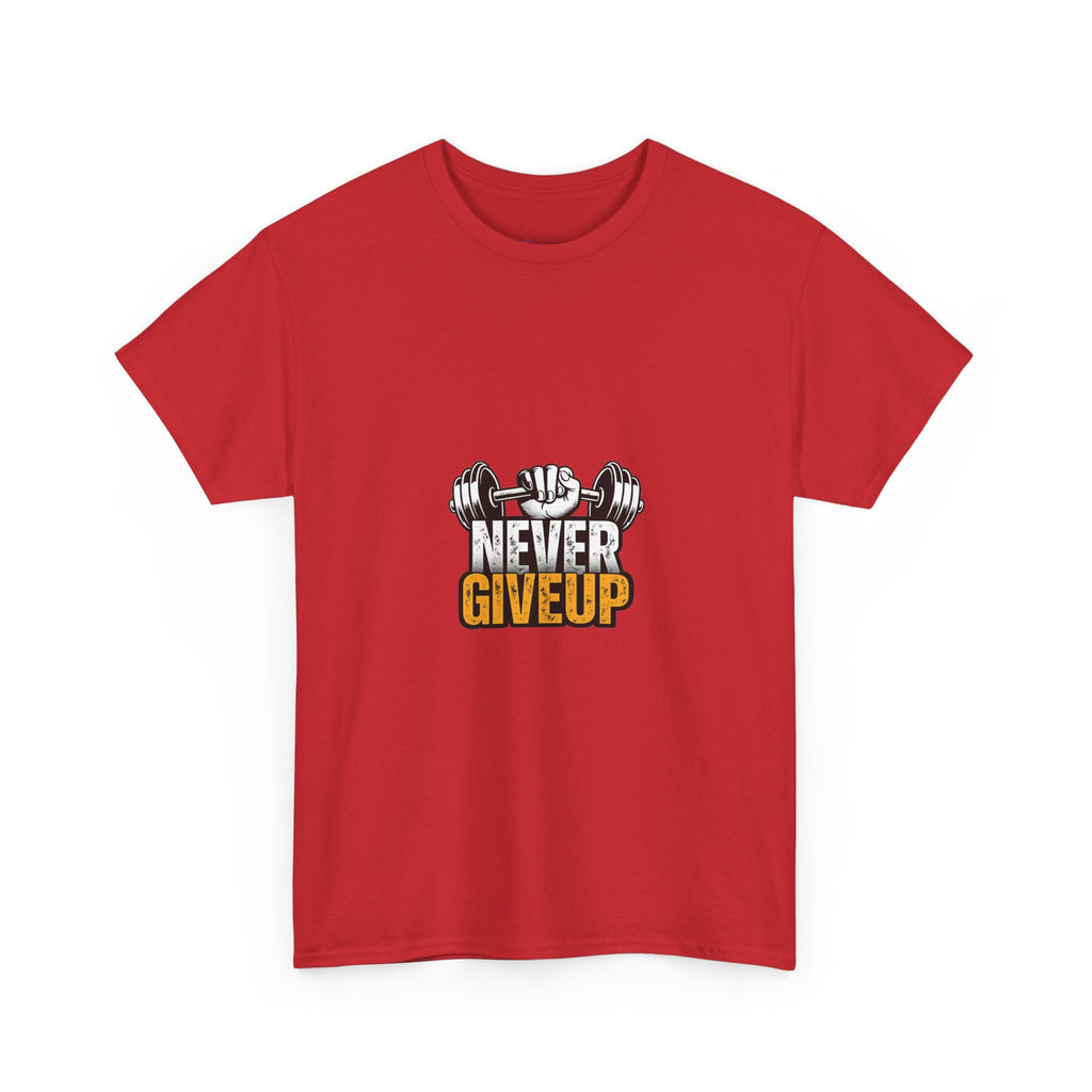 Never Give Up Fitness T-Shirt — Motivational Gym Tee with Dumbbell Graphic